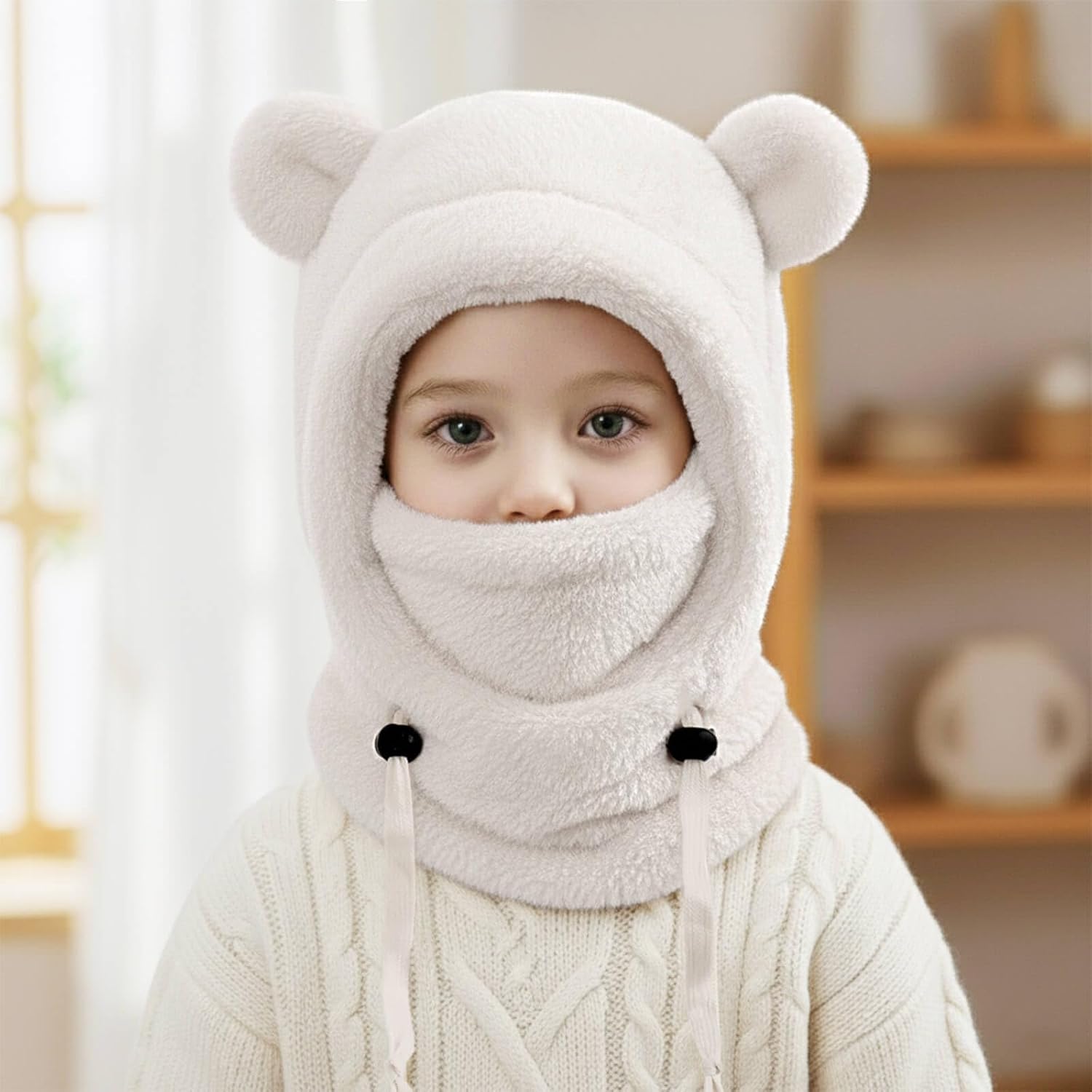 Detalle de DRESHOW Kids' Thermal Fleece Balaclava with Fluffy Ears: Windproof Winter Hood for Ages 3–10