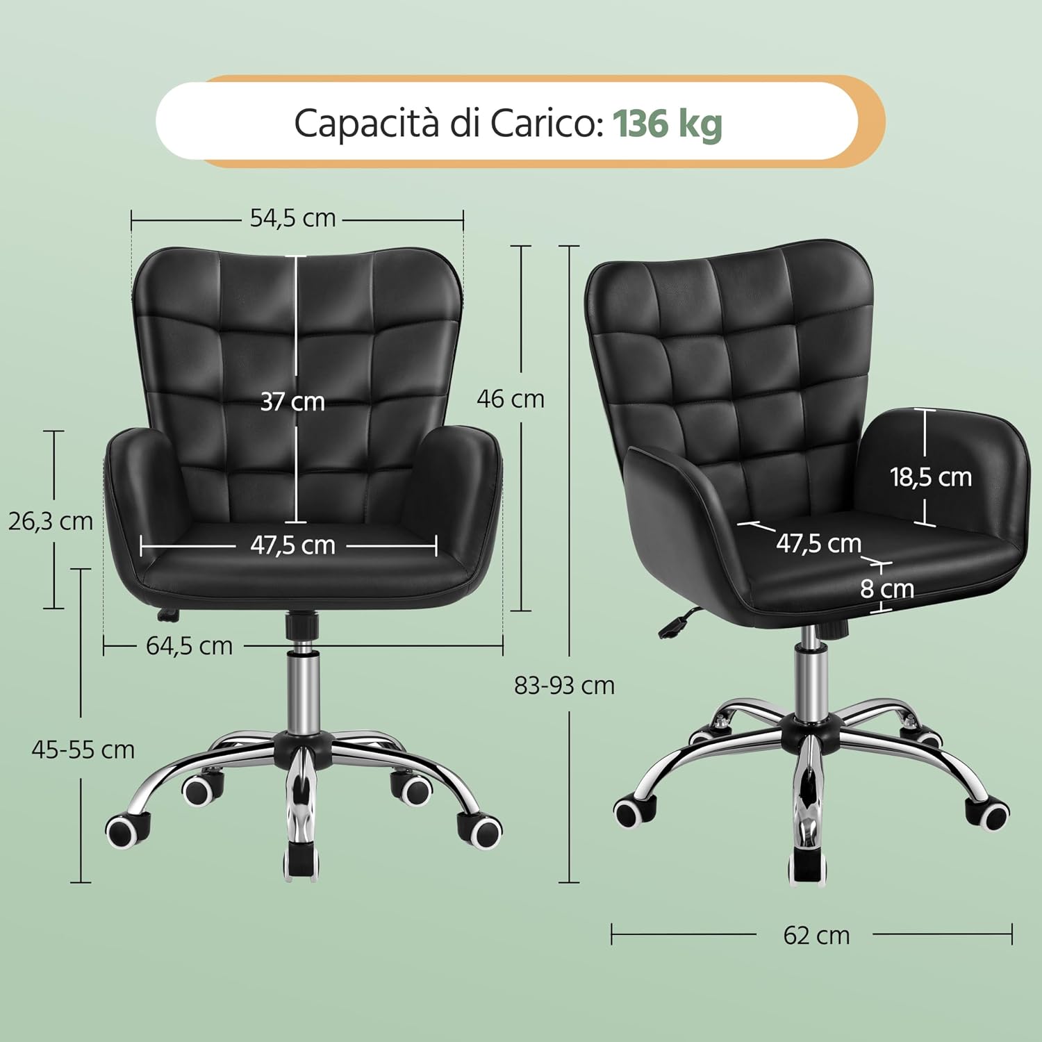 Detalle de Yaheetech Sedia/Poltroncina da Ufficio con rotelle, girevole e reclinabile, altezza regolabile, in similpelle nera