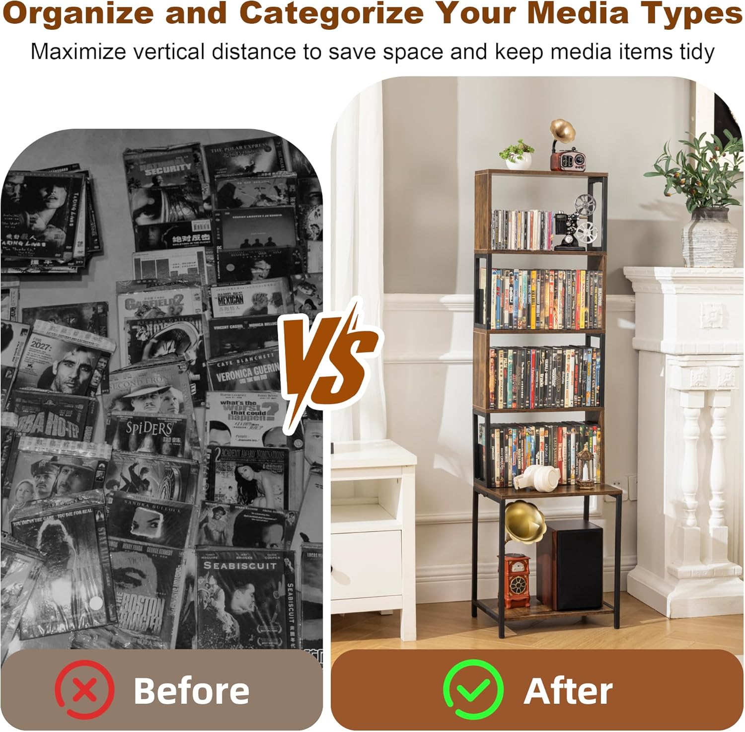 Thumbnail 4 de Aquzee Wooden DVD Shelf Media Storage Rack with Adjustable Dividers