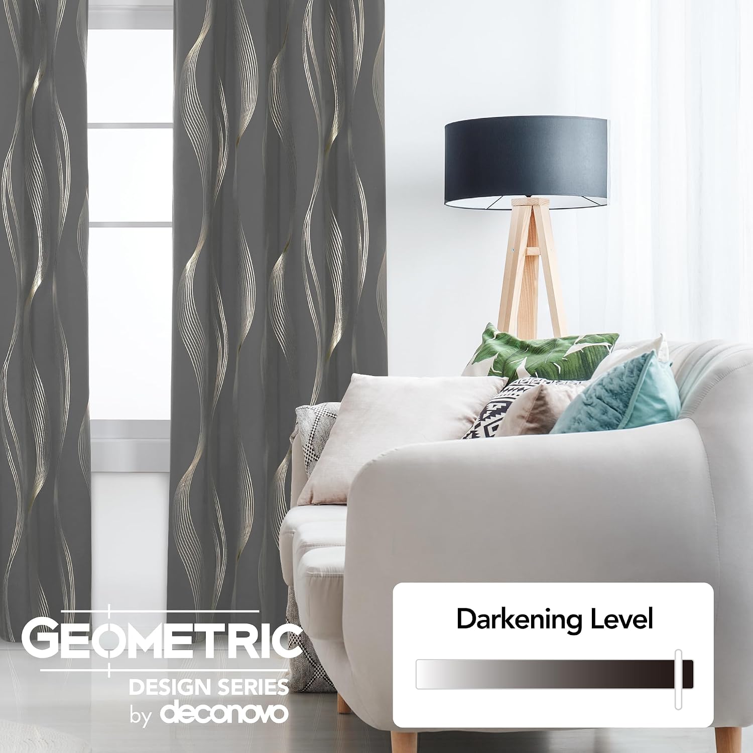 Detalle de Deconovo Blackout Eyelet Thermal Curtains (Gold Wave Foil Print) – Light Grey, 2 Panels, 46x72 Inch