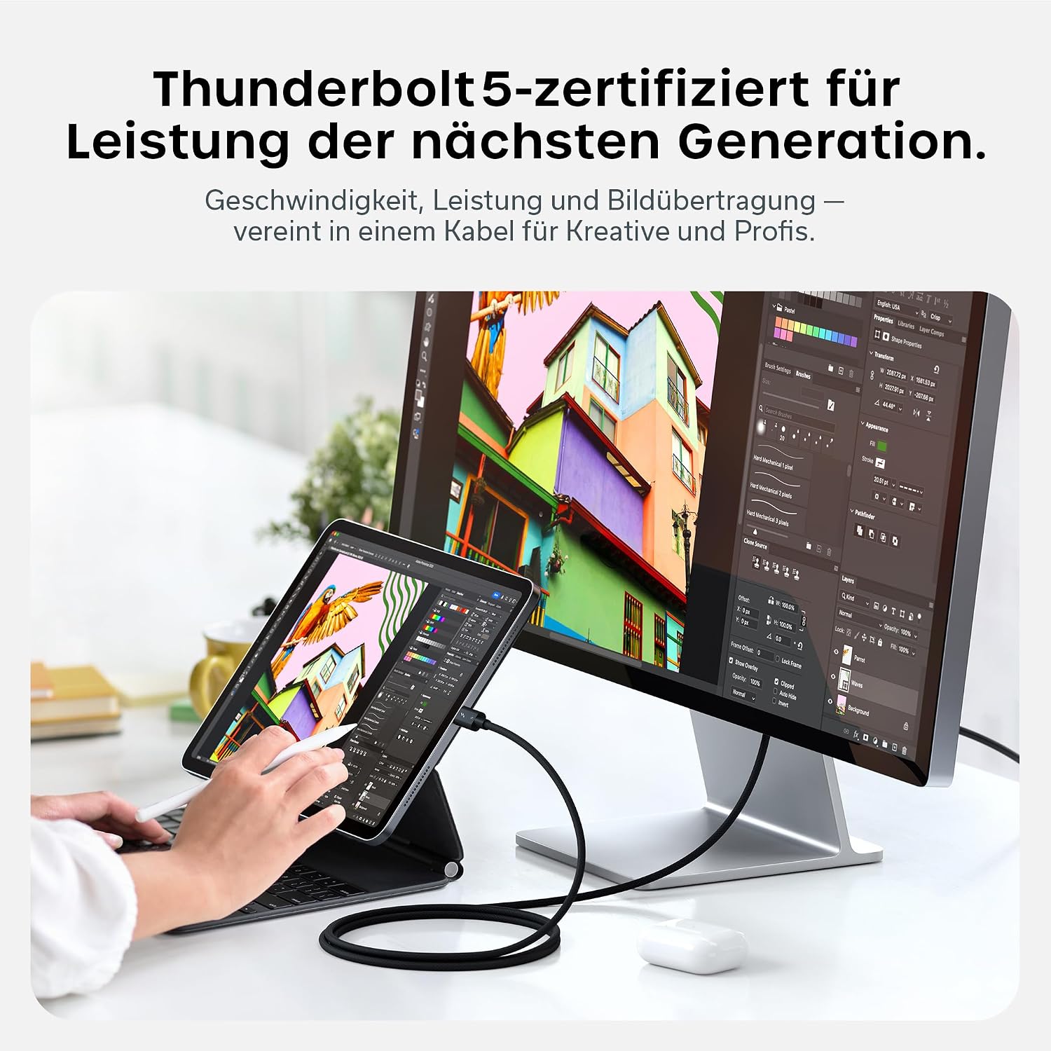 Detalle 2 de SATECHI zertifiziertes Thunderbolt-5 Kabel (240W PD) – 120 Gb/s, Dual 8K/60 Hz & Triple 4K/144 Hz