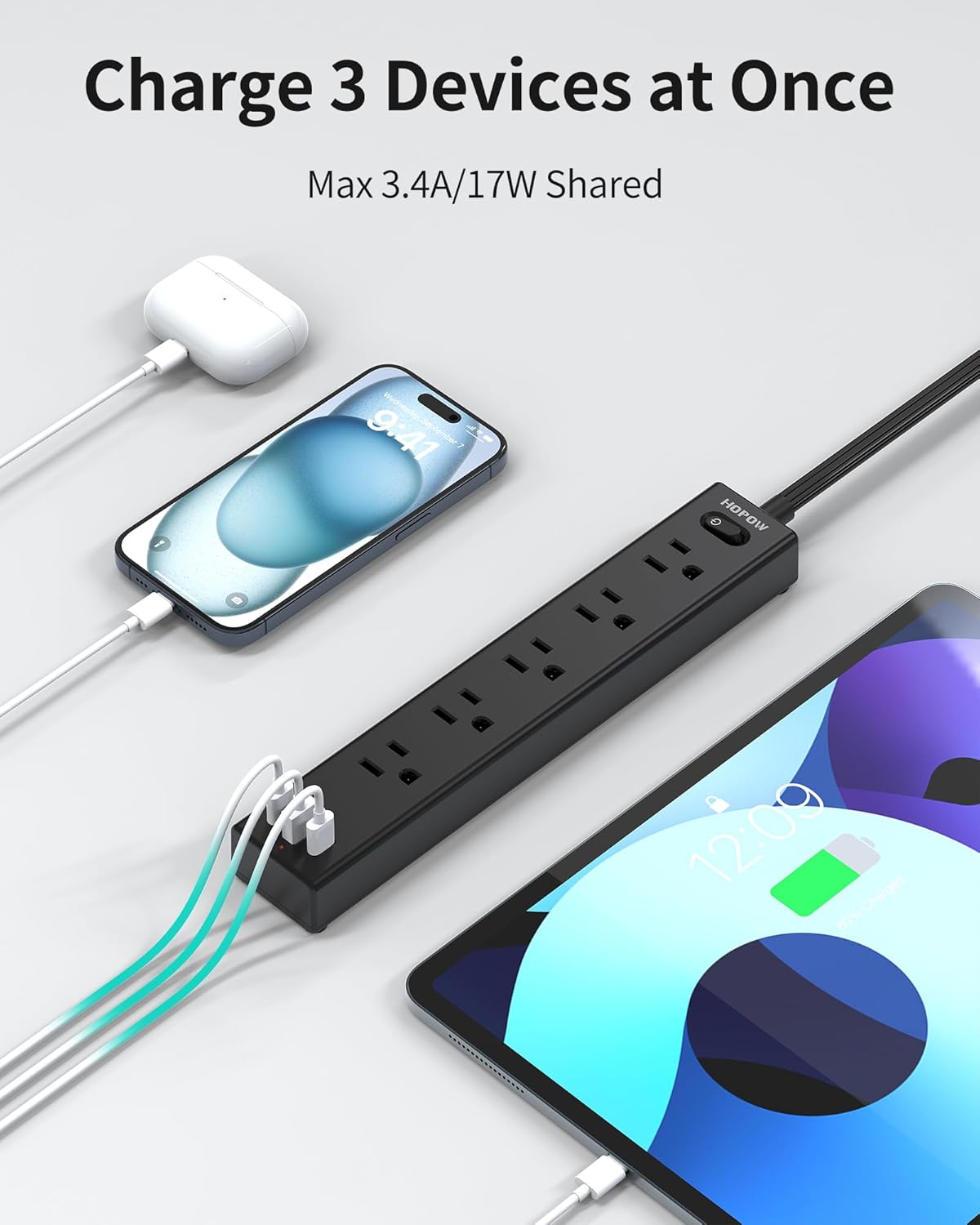 Thumbnail 5 de HOPOW Flat Plug Power Strip 1700J with 5 Outlets & 3 USB