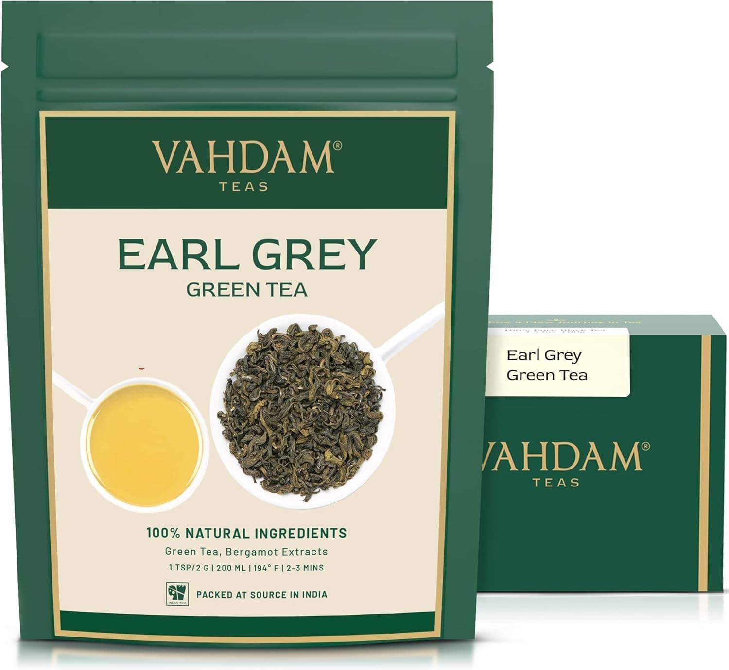 Detalle de VAHDAM Earl Grey con Tè Verde agli Agrumi (100 g) – Tè Verde in Foglie al Bergamotto, confezione sottovuoto