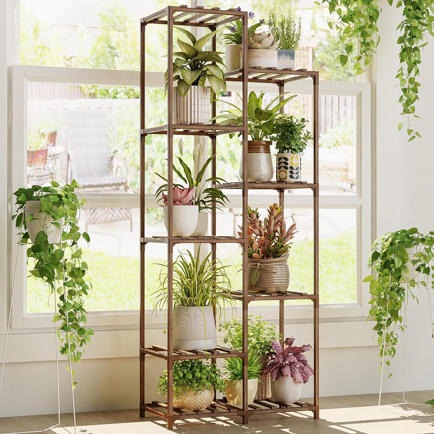 Thumbnail 6 de Bamworld Großer Pflanzenständer Holz für 14 Töpfe (140×30×119 cm) – für Indoor & Outdoor