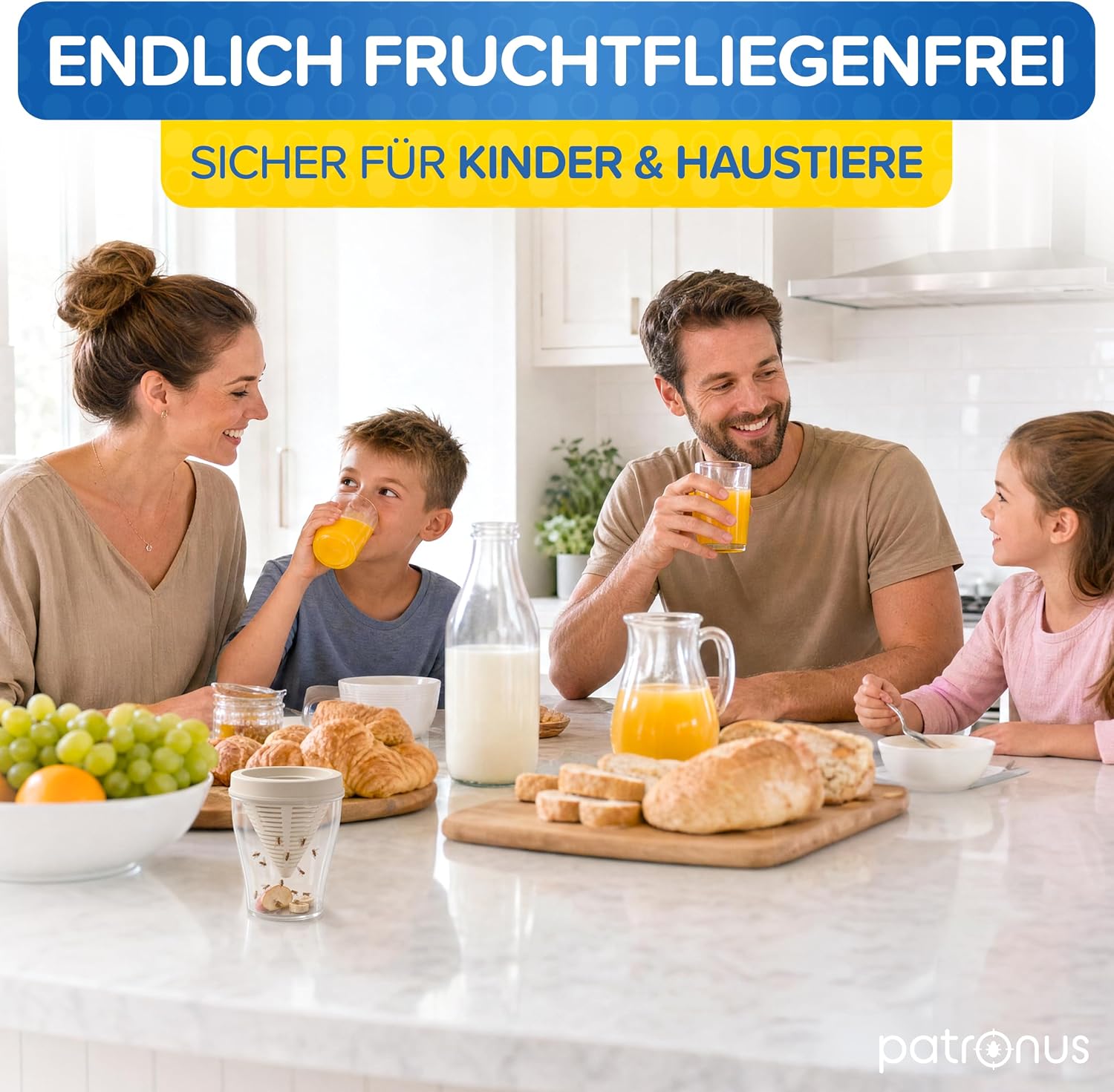 Detalle de Patronus Fruchtfliegenfalle für Küche – 2x robuste, wiederverwendbare Fruchtfliegen Lebendfalle (spülmaschinenfest)