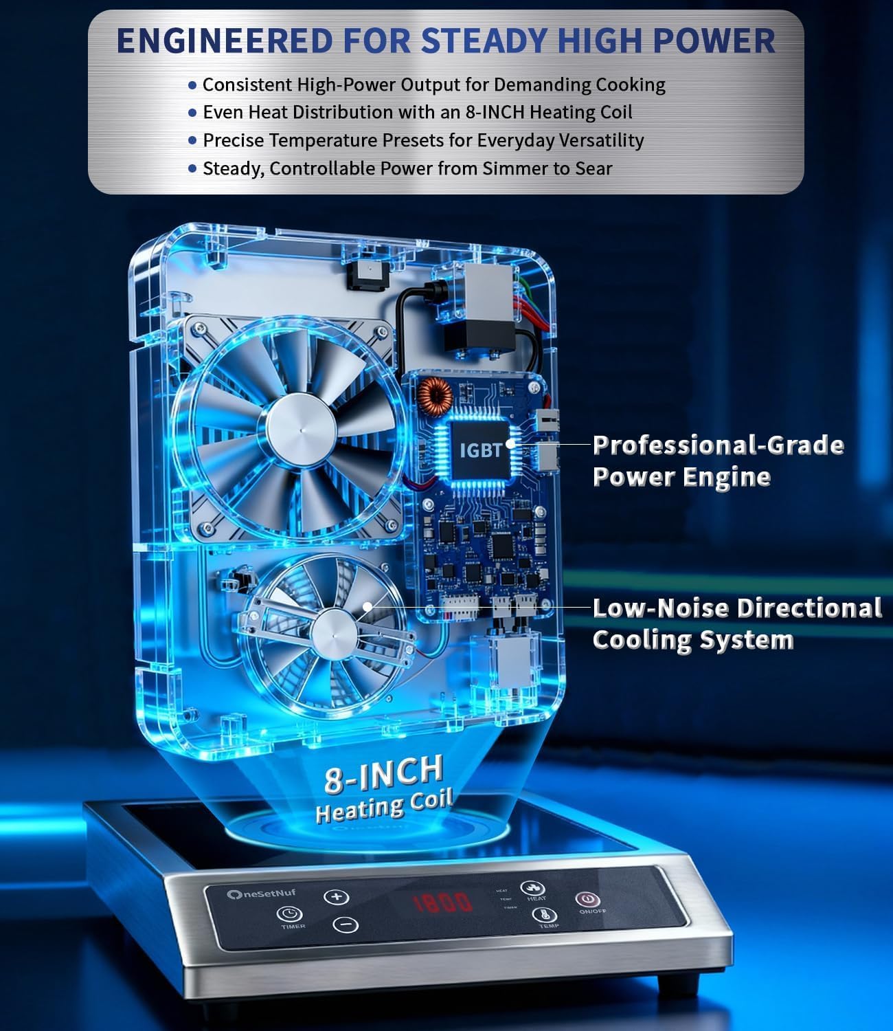Thumbnail 3 de Stainless Steel Induction Cooktop 1800W Portable Burner with Precise Temperature Control and 10-Hour Timer