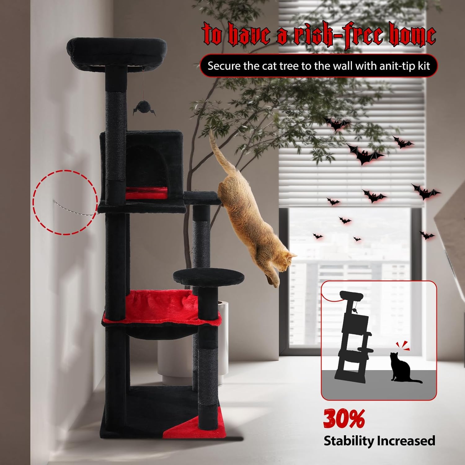 Thumbnail 4 de PAWZ Road 143cm cat tree with metal frame, big hammock and 2-door condo house (black)