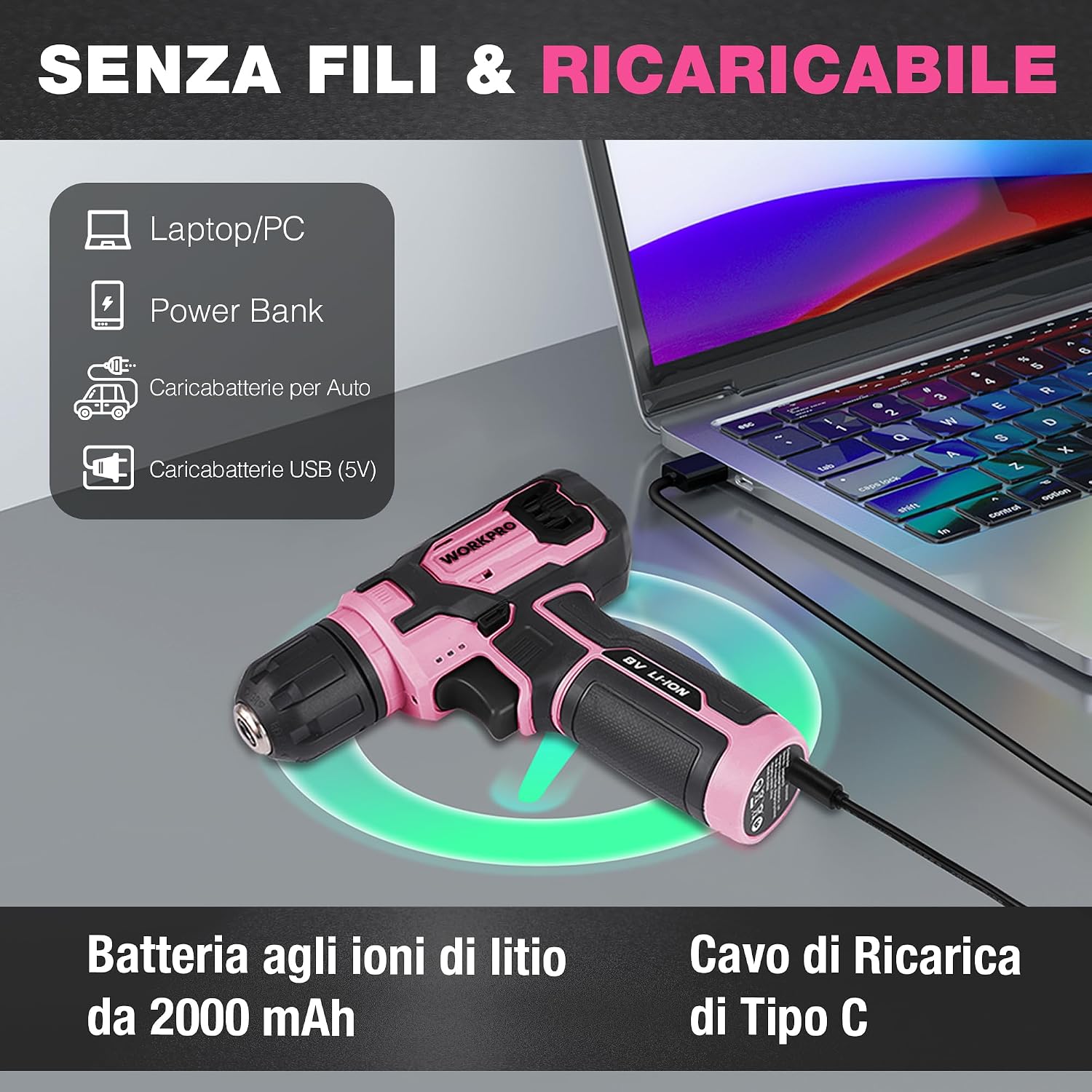 Thumbnail 3 de WORKPRO cacciavite elettrico a batteria 8V (21 accessori) con velocità variabile e LED rosa