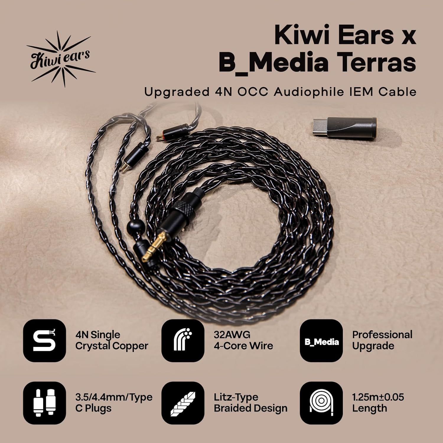 Thumbnail 1 de Linsoul Kiwi Ears x B_Media Terras: cavo ibrido modolare con connettori USB-C/3,5 mm/4,4 mm per IEM di alto livello