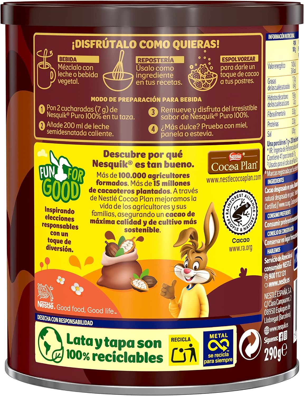 Detalle 2 de Nestlé Nesquik Cacao en Polvo 100%, Pack 6x290g