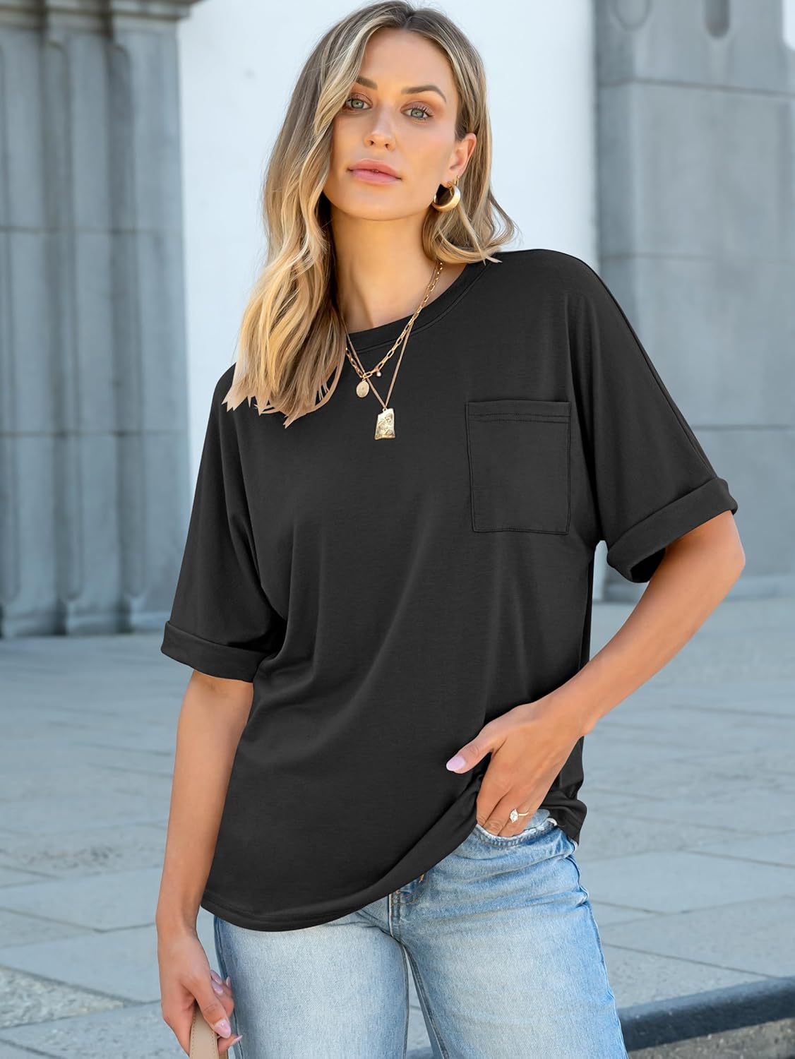 Thumbnail 1 de ANRABESS Women’s Oversized Short-Sleeve T-Shirt with Pocket (Loose Fit Summer Basic Tee)