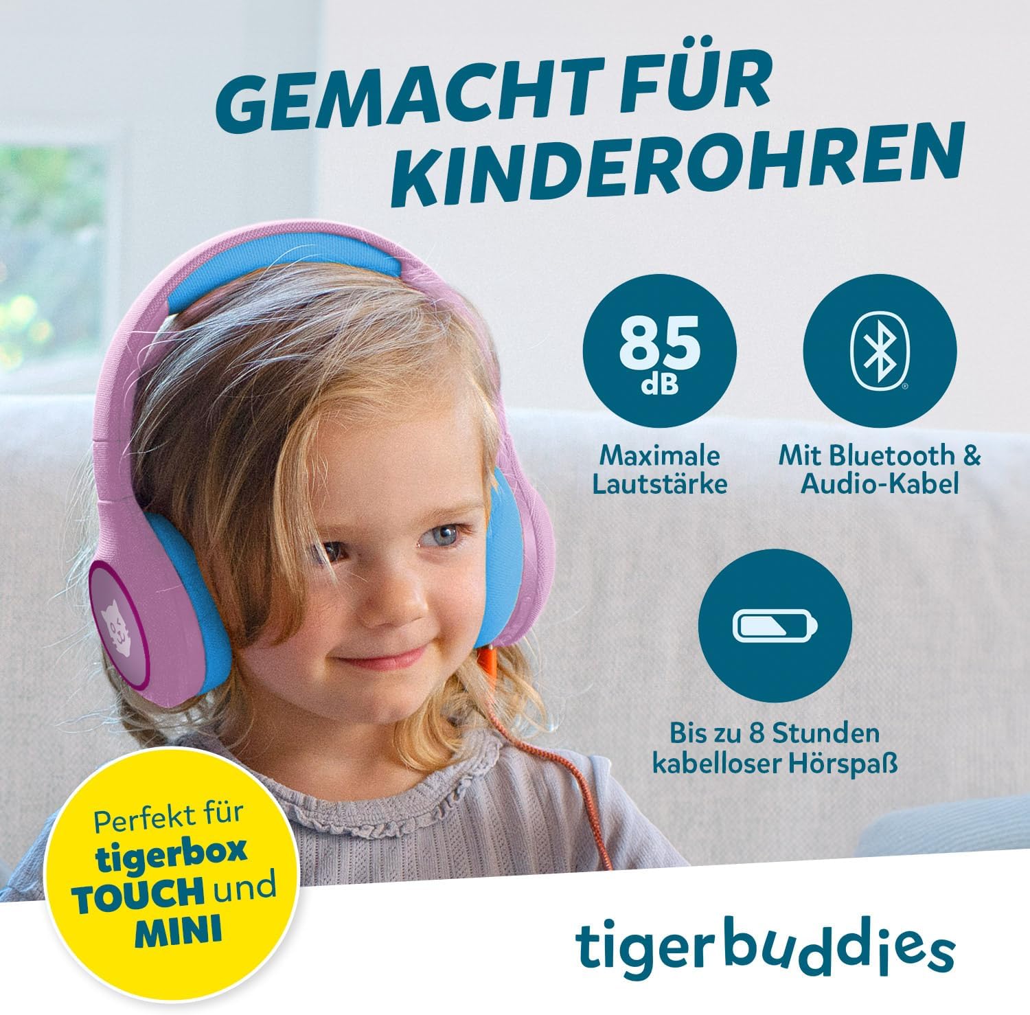 Detalle de tigermedia tigerbuddies Bluetooth-Kopfhörer für Kinder – faltbar, 85 dB Lautstärkebegrenzung, ab 4 Jahren
