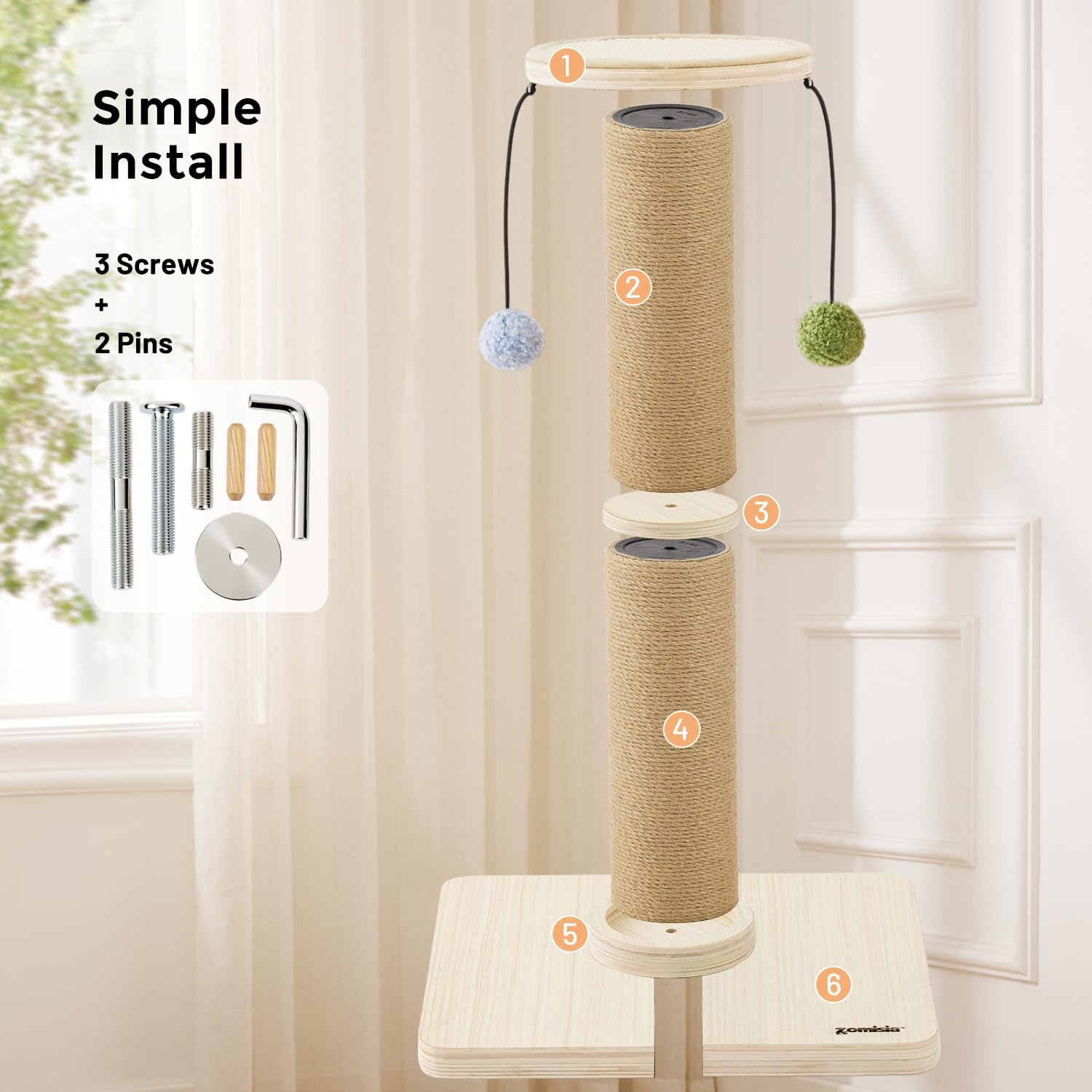 Thumbnail 3 de ZOMISIA 88cm Tall Cat Scratching Post with Sisal Rope & Dangling Balls