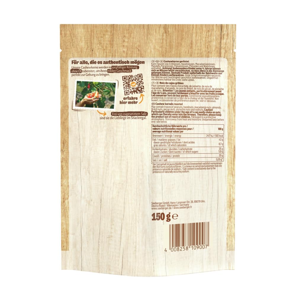 Detalle 2 de Seeberger Cashewkerne geröstet 12er Pack – knackige Cashews ohne Salz, vegan