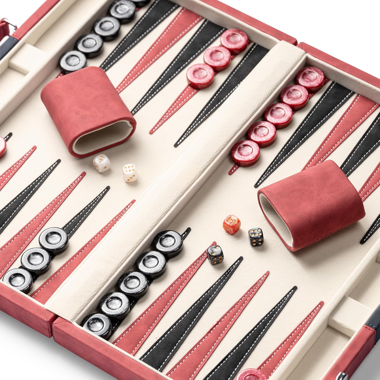 Detalle 2 de Lingle 15-inch Backgammon Set for Adults with Folding Faux Leather Case (Red)