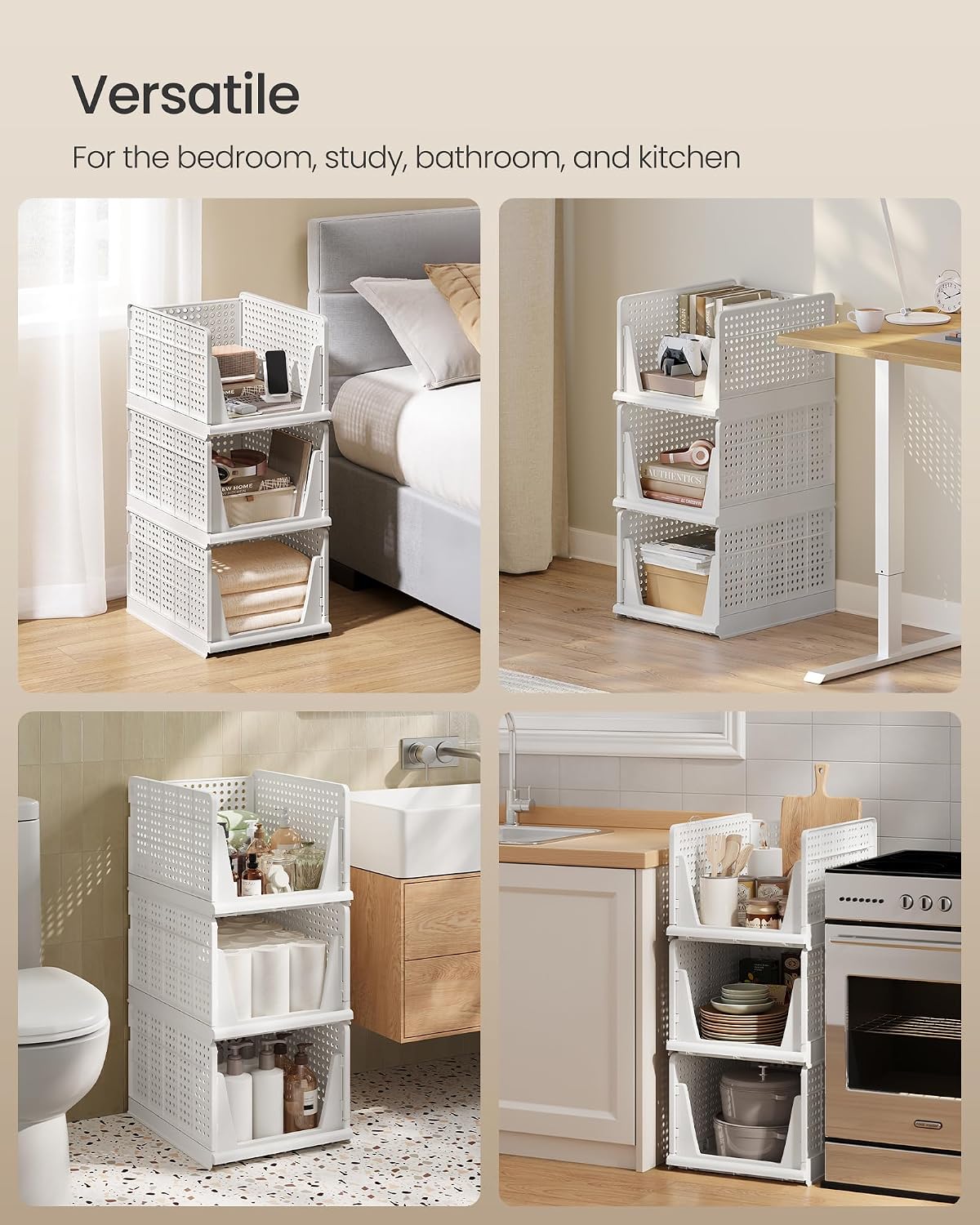 Thumbnail 4 de SONGMICS Stackable Wardrobe Storage, Foldable Closet Organiser – Set of 3 Pull-Out Baskets (White LPC310WZ01)