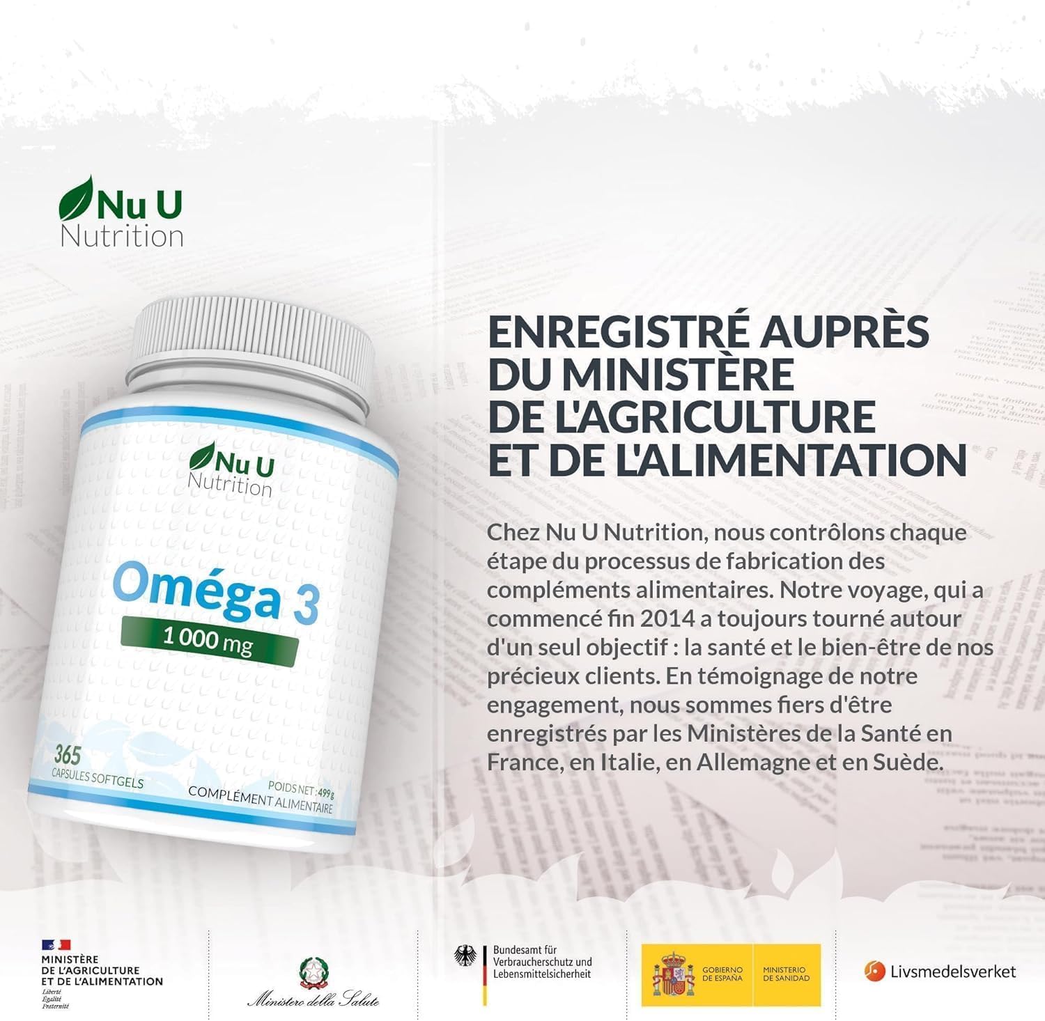 Detalle de Omega 3 Fish Oil 1000 mg - Nu U Nutrition, 365 gélules: vitamine essentielle pour cœur, vision et cerveau