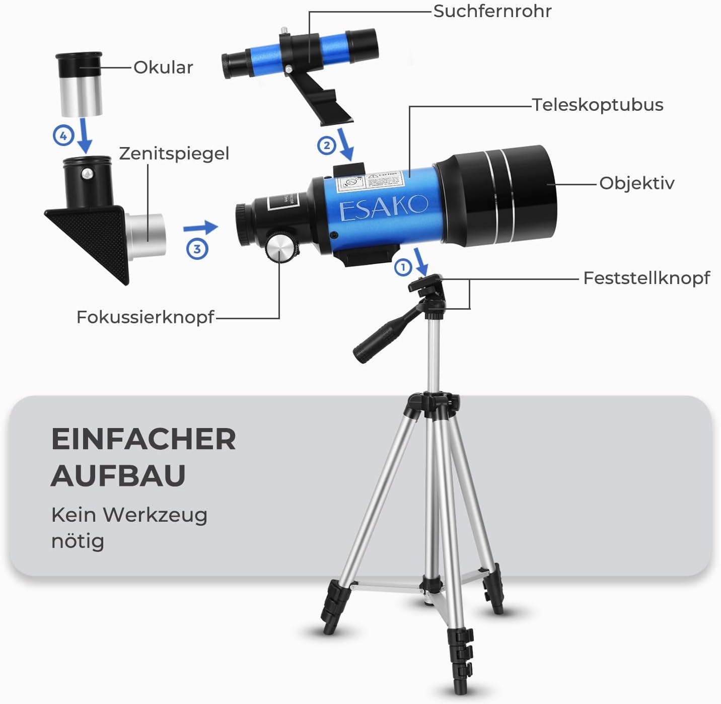 Thumbnail 5 de ESAKO Teleskop für Kinder & Einsteiger (70 mm) – tragbares Linsenteleskop mit ausziehbarem Stativ, Telefonhalterung und Mondfilter