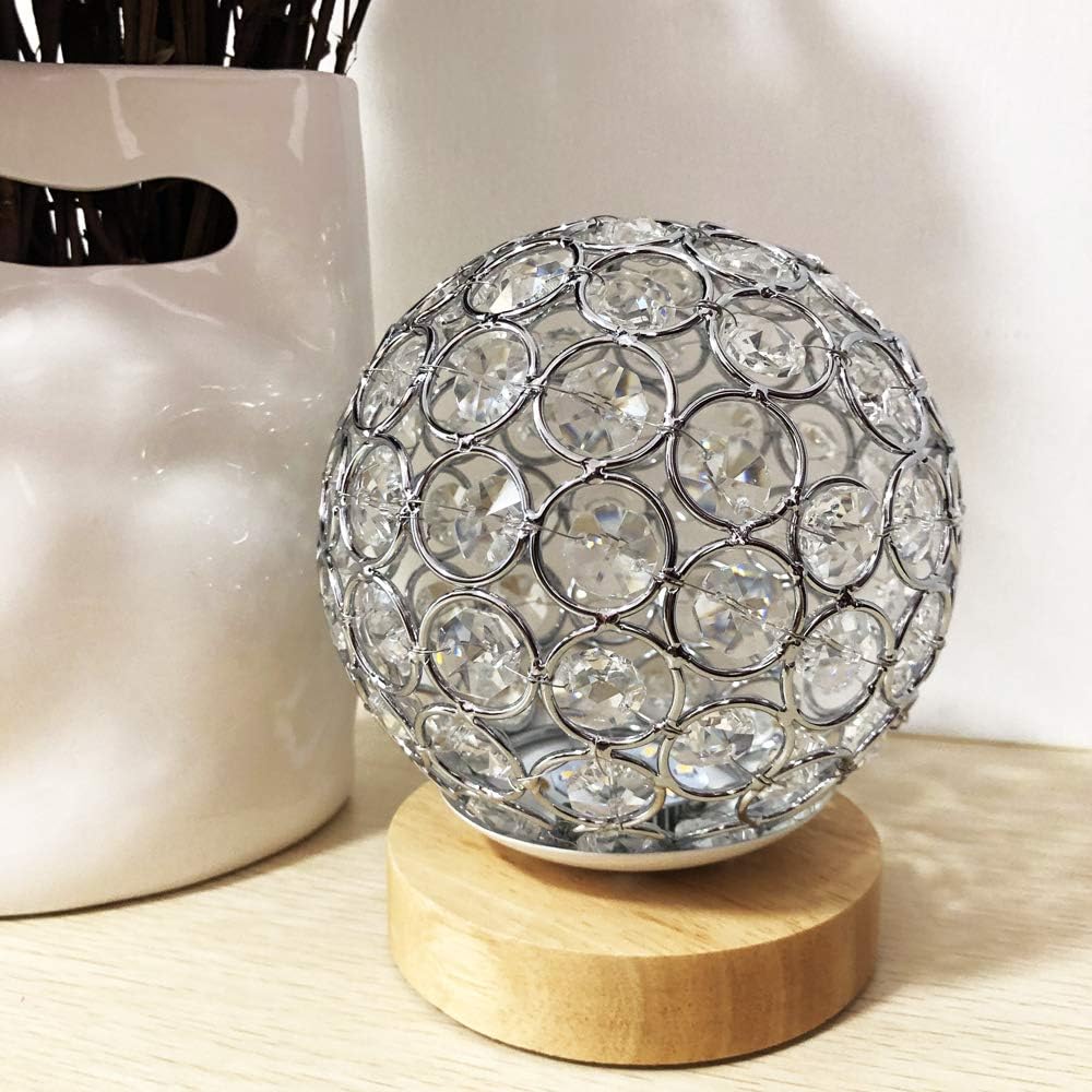 Detalle de MUCHER Crystal USB Table Lamp with Wooden Base – Silver Crystal Ball, Dimmable & USB-Charged