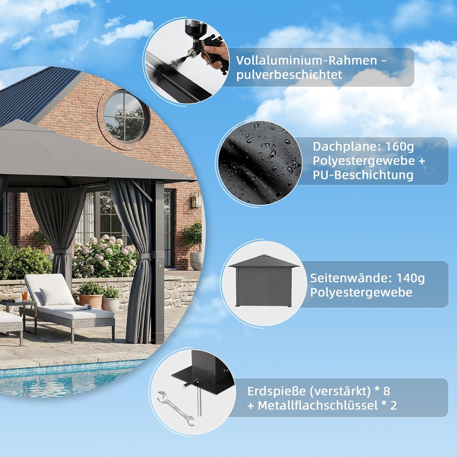Detalle de TRIUMPHKEY Pavillon 3x3: Wetterfest, stabil und einfach zu montieren