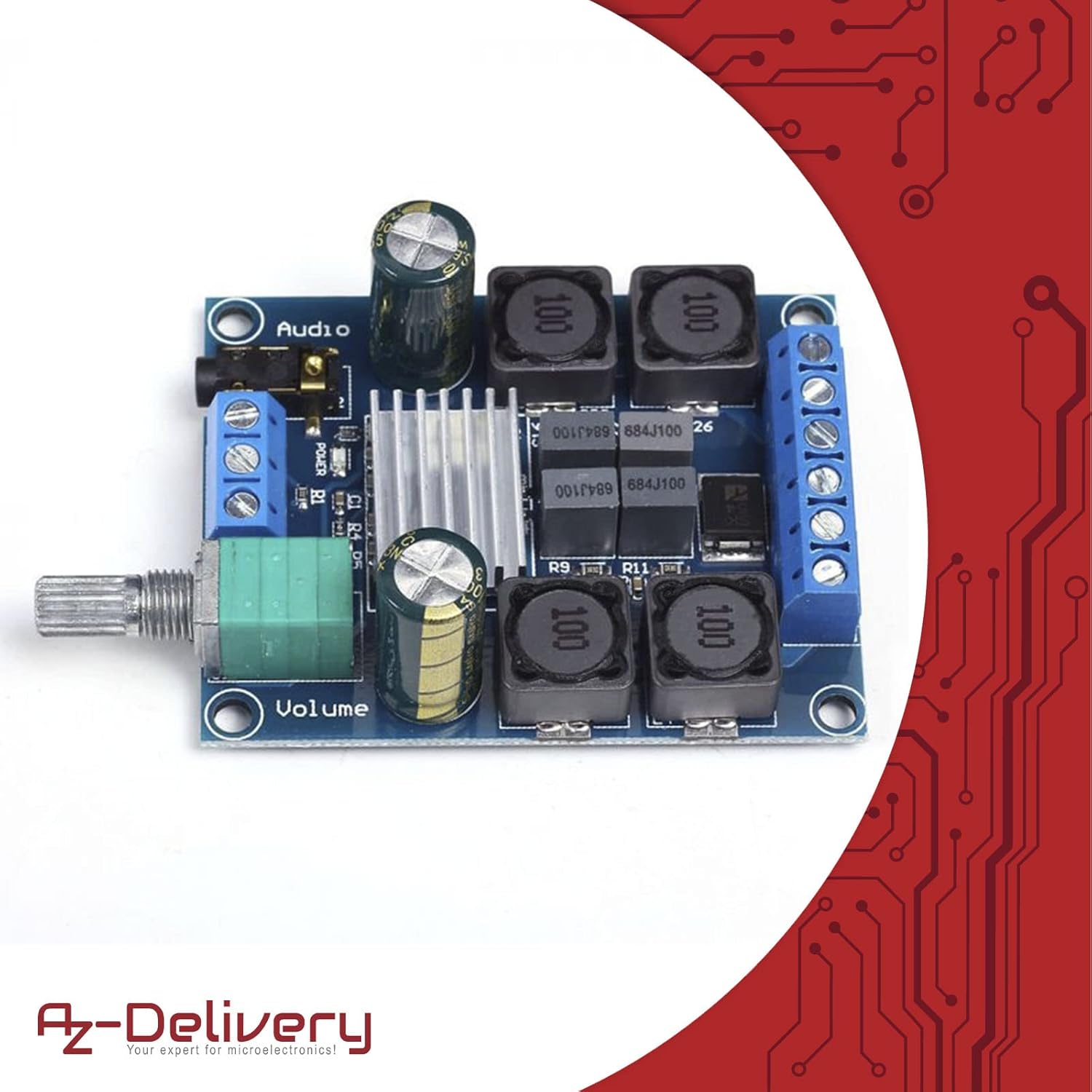 Detalle de AZDelivery platine d’amplificateur numérique stéréo compatible TPA3116D2, 2 canaux (2 x 50W) 12/24V, entrée 3,5 mm