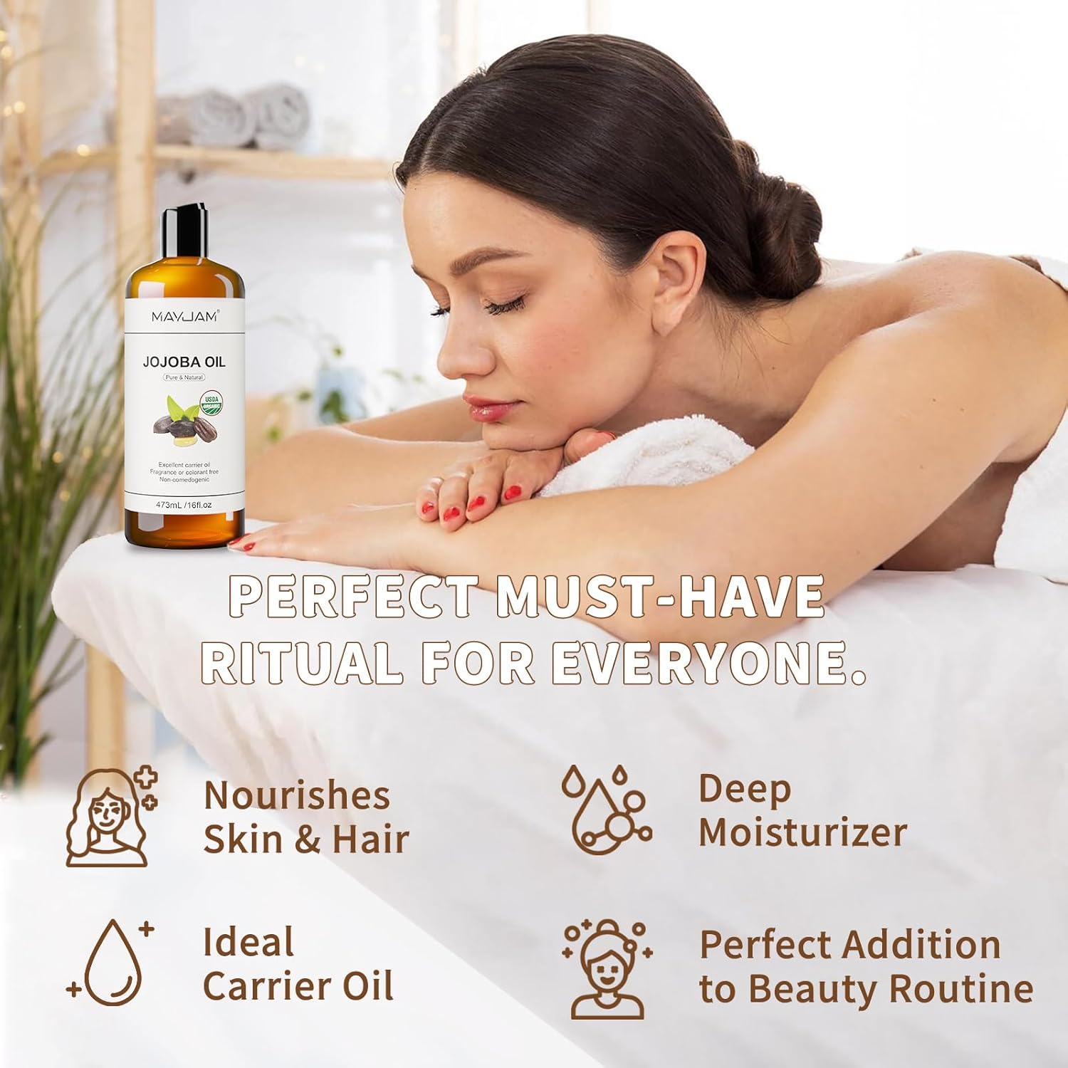 Detalle de MAYJAM Jojobaöl Bio 473 ml – Reines Jojobaöl, kaltgepresst, vielseitig für Haut, Haar und Körper