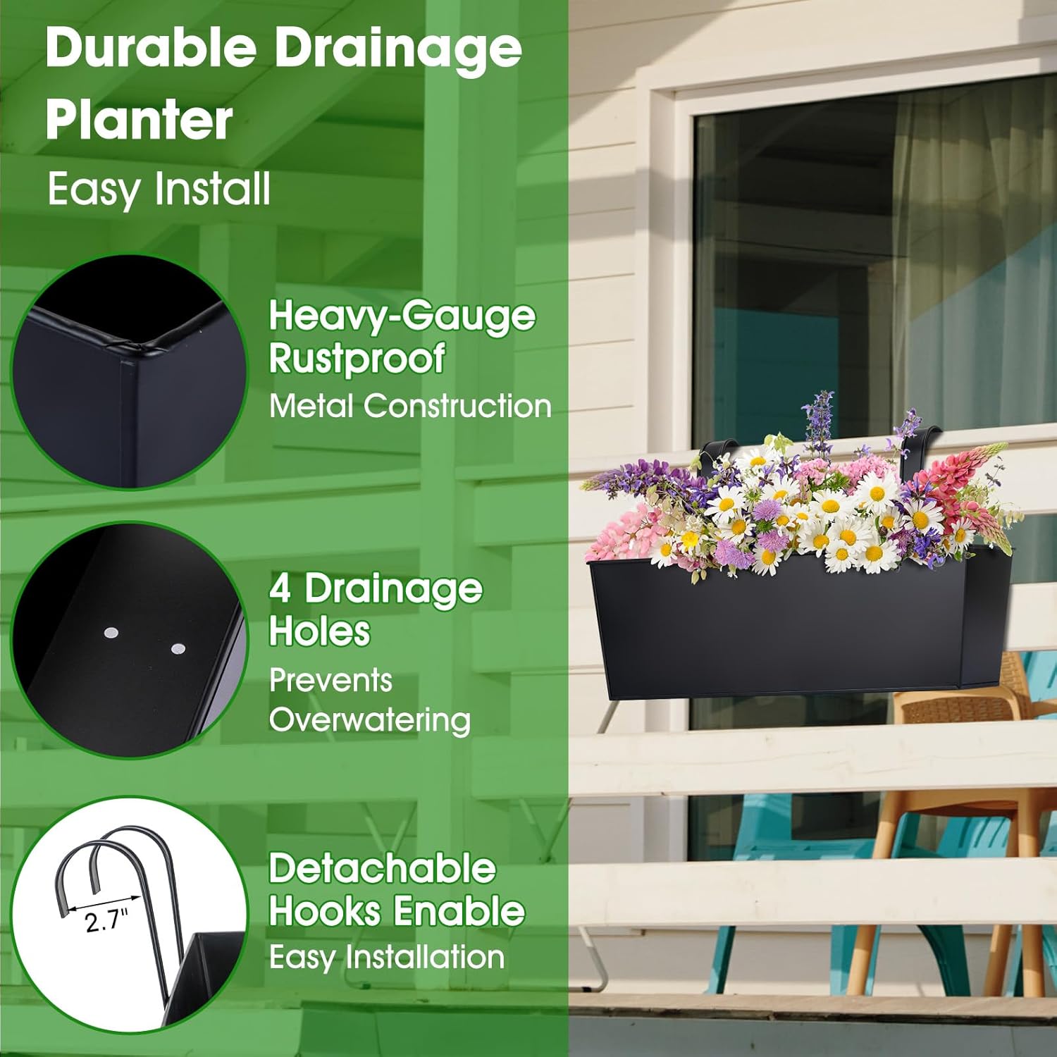 Thumbnail 4 de OGIMA 41cm Railing Planter Box (3-pack) with adjustable wide hooks for 7cm railings