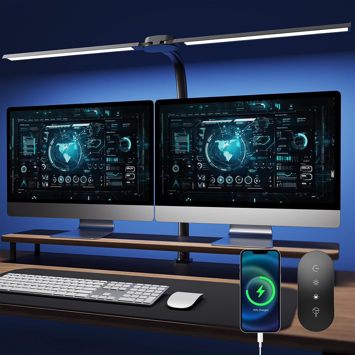 Detalle de Nevoke Schreibtischlampe LED Dimmbar – 1400 lm, 24 W, Doppelkopf mit Klemmfassung, Fernbedienung und USB-Ladefunktion