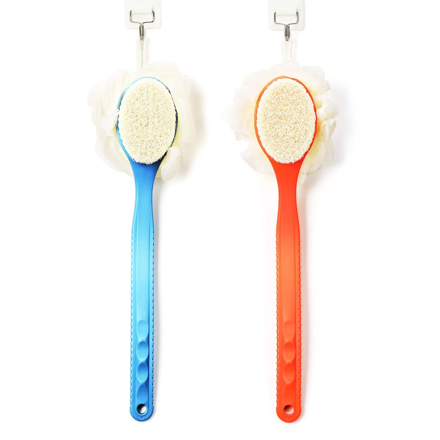 Detalle de MUNTI 2-in-1 Shower Back Scrubber: Bristle + Loofah with Curved Long Handle (Blue)