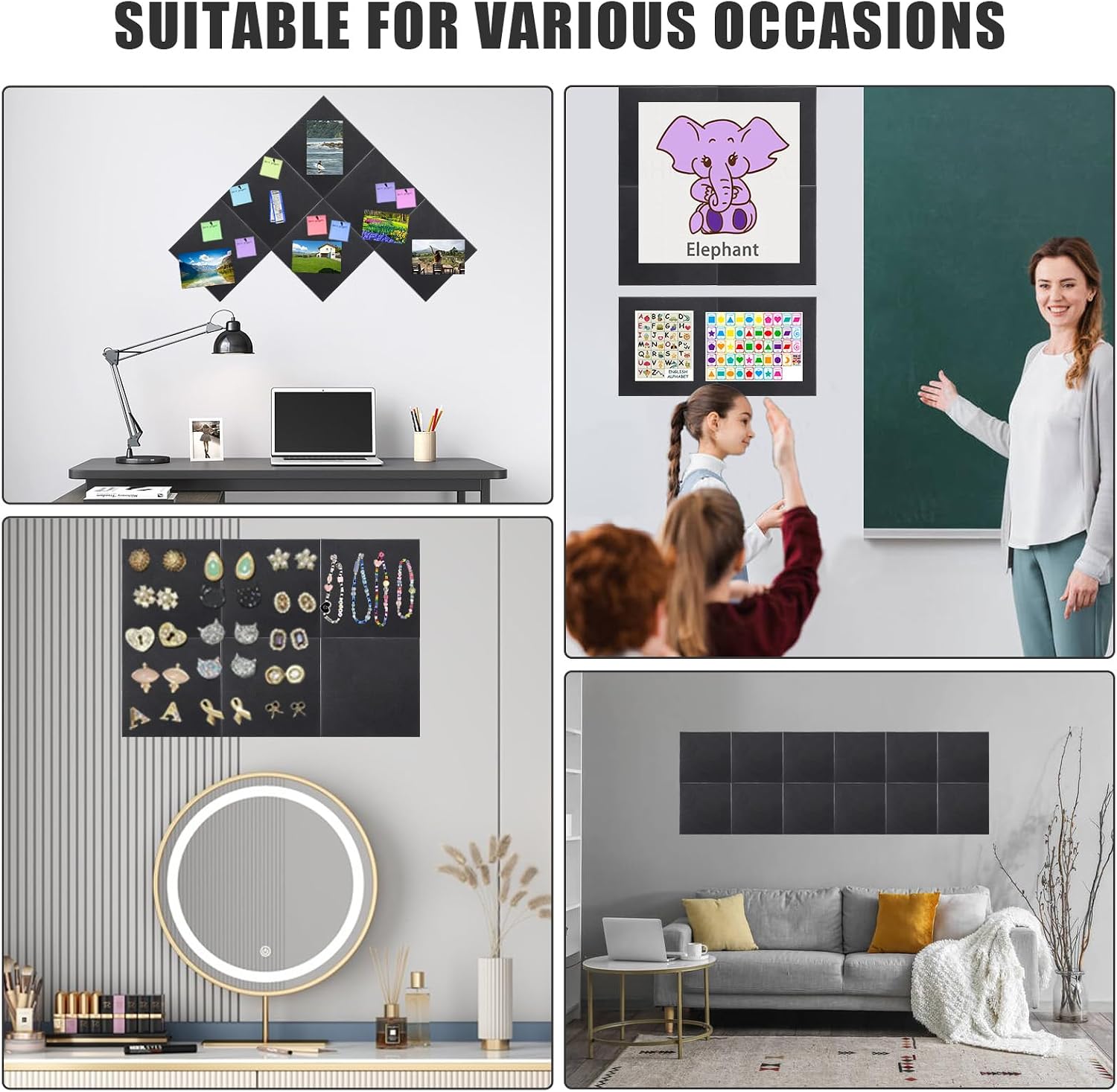 Detalle de Cork Board Alternative felt tile notice pin board (90 x 60 cm) – 6 pack with 20 pushpins, black