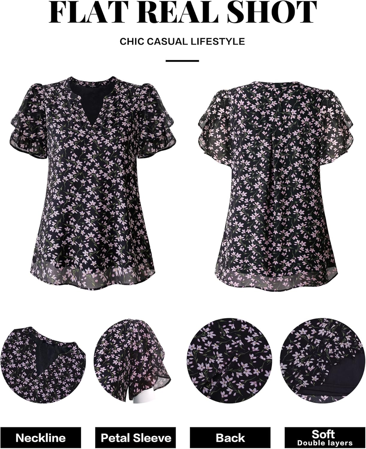 Thumbnail 4 de Lotusmile Women's Dressy Chiffon Blouses: Summer Puff Petal Short Sleeve V-Neck Top