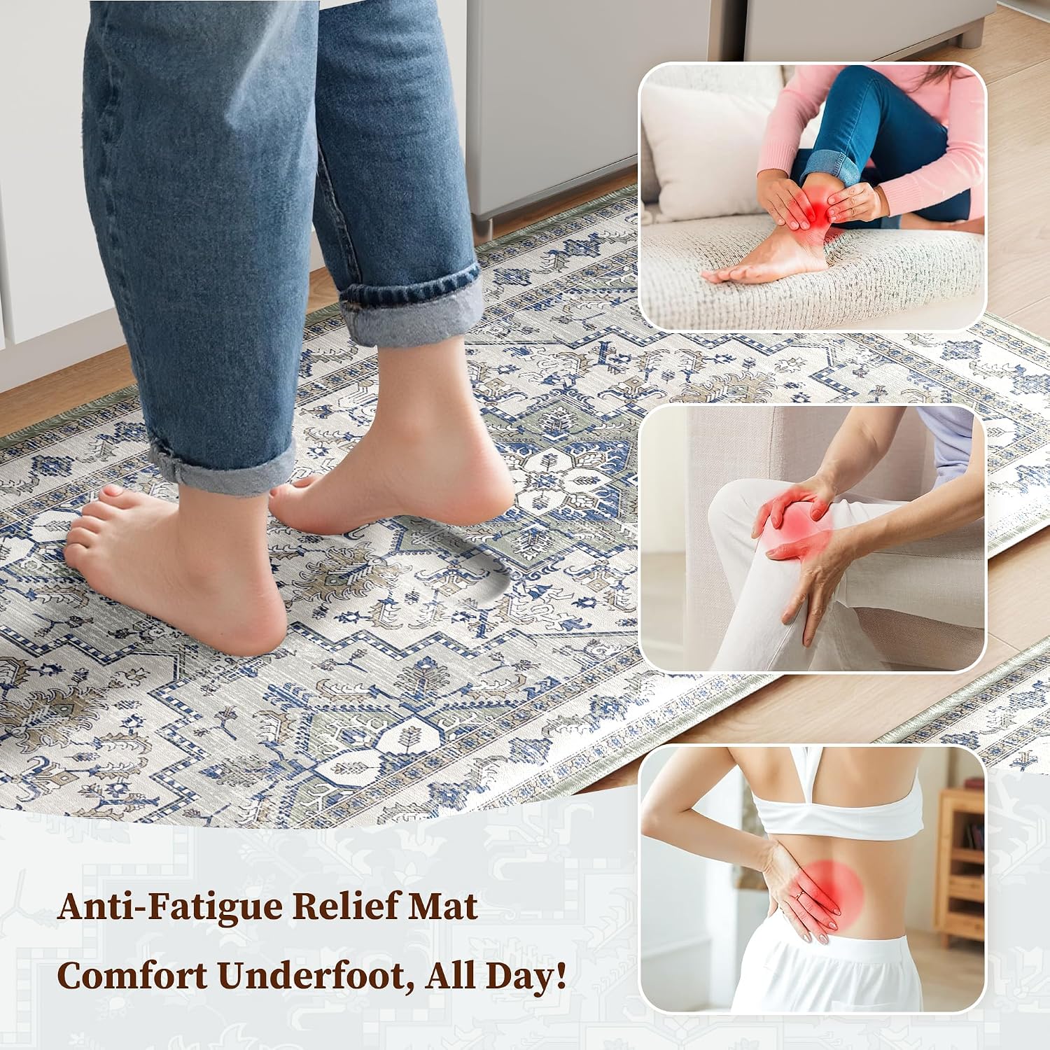 Thumbnail 2 de Boho Kitchen Mats for Floor 2 Piece Set — Anti-Fatigue, Non-Slip, Waterproof Cushioning (Blue Grey) 17.3" x 47" + 17.3" x 28