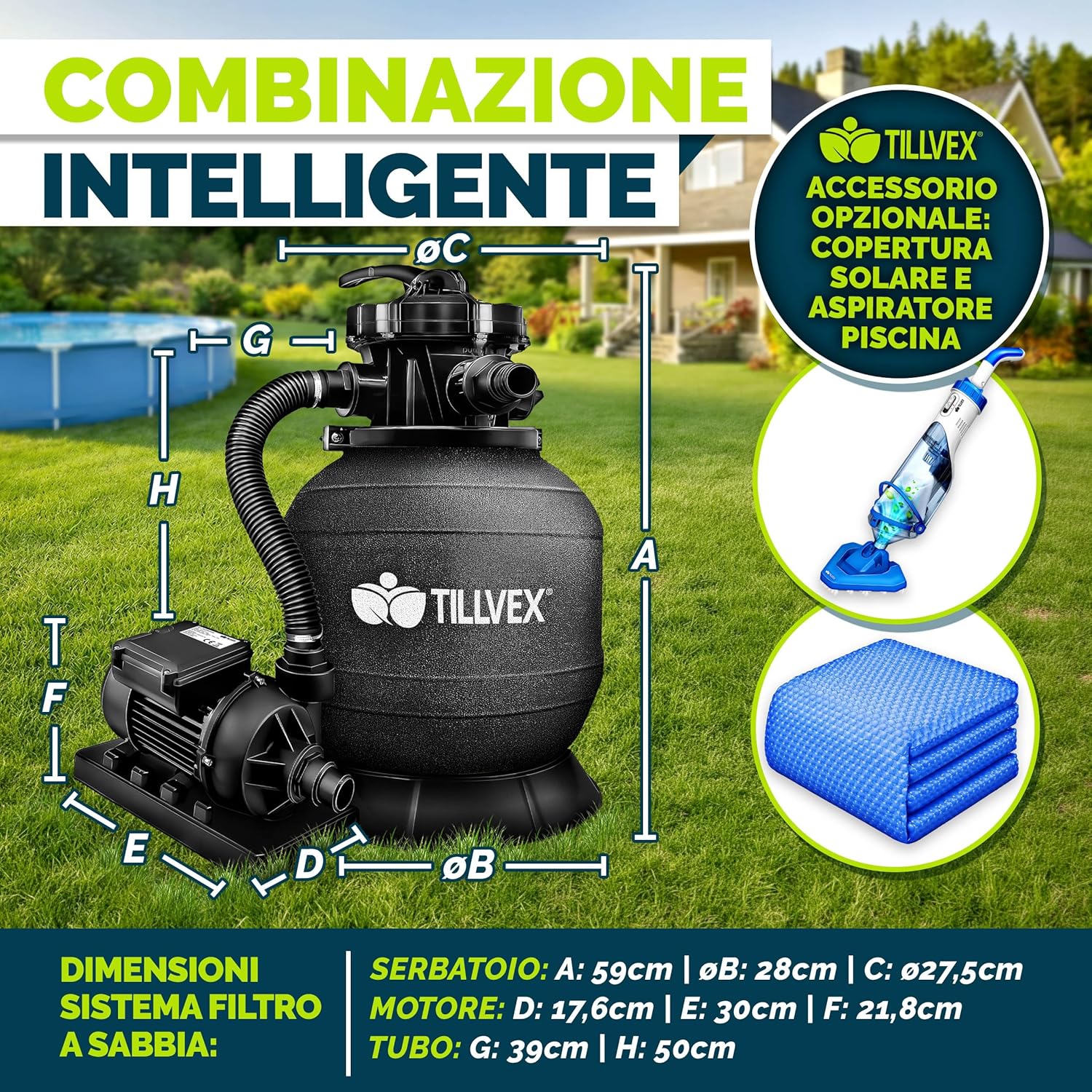 Detalle 2 de Tillvex Pompa Filtro Piscina 7.900 L/h + 400 g Filtri Balls – 7 funzioni di filtrazione, adattatore 2in1 Ø32-38 mm
