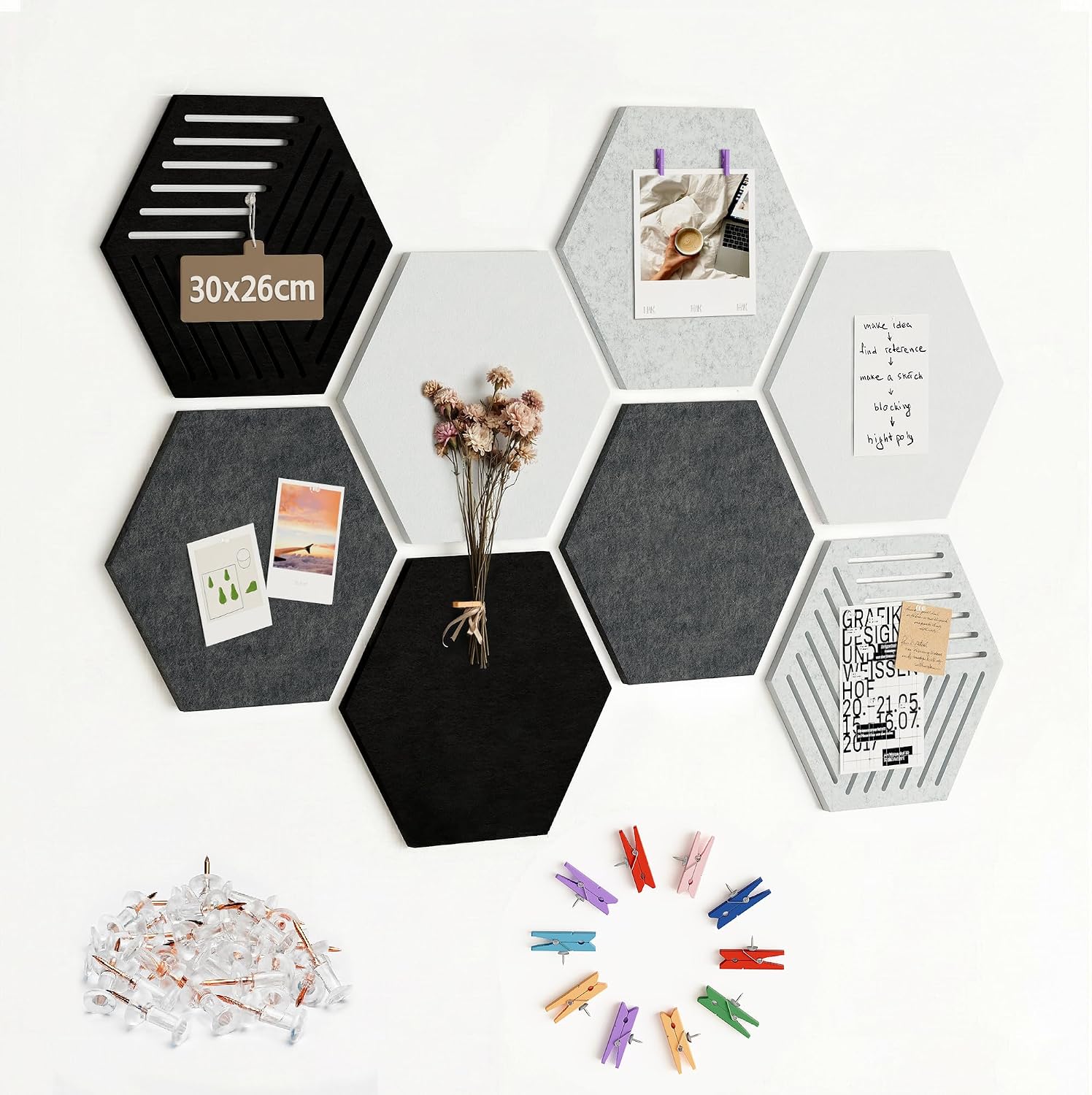 Detalle de Uoisaiko UY-US-10060-Q8 Felt Bulletin Board Tiles, Grey Hexagon 8-Pack
