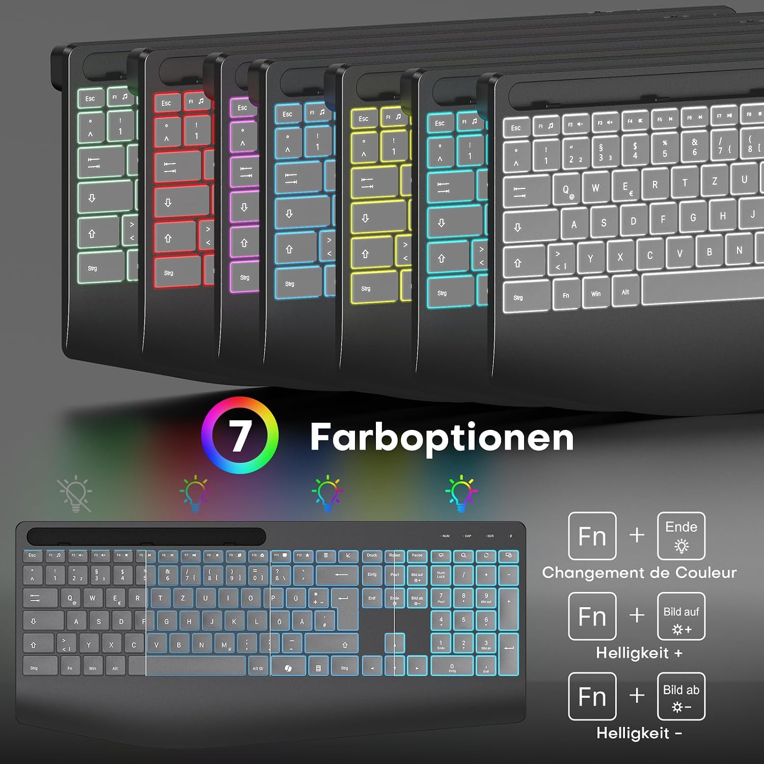 Detalle de OMOTON kabellose Tastatur mit Handballenauflage (2,4 GHz, QWERTZ) – wiederaufladbar, leise, mit 7 Farben Hintergrundbeleuchtung