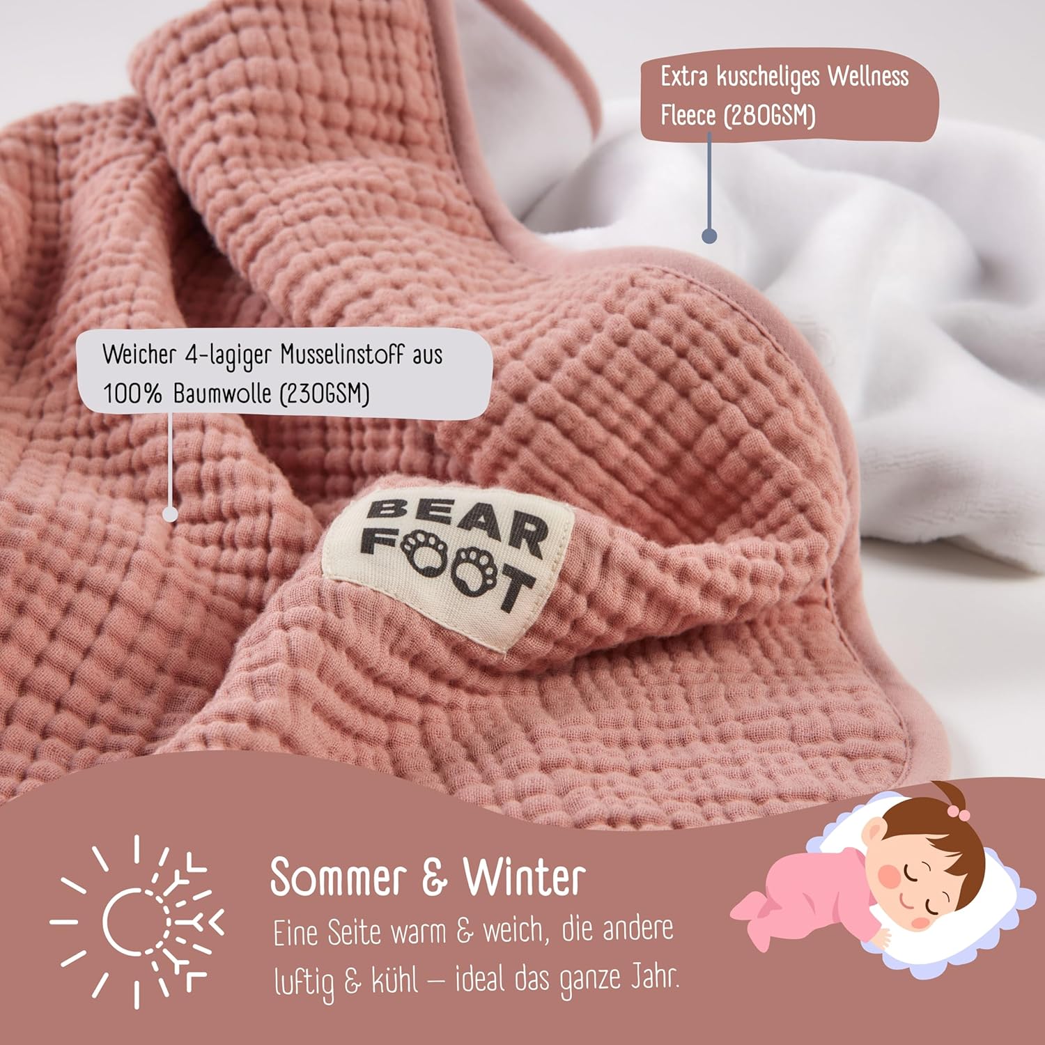 Thumbnail 2 de BEARFOOT Babydecke Musselin-Fleece (Baumwolle/Fleece) in Dusty Rose – 2-seitig für Neugeborene