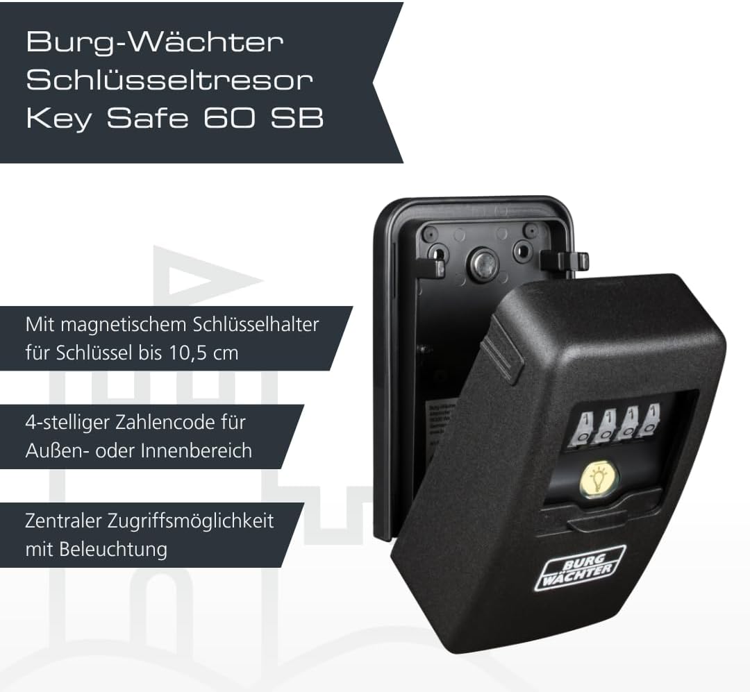 Detalle de BURG-WÄCHTER Key Safe 60L SB – Schlüsseltresor mit 4-stelligem Zahlencode, magnetischem Schlüsselhalter und Beleuchtung
