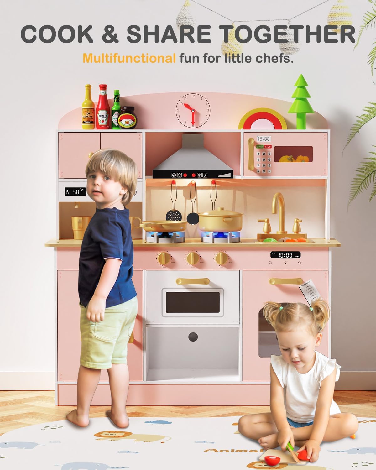 Detalle de Babytronic Wooden Play Kitchen Set (Pink) for 3+ | Lighted stove, oven, microwave & 31 accessories