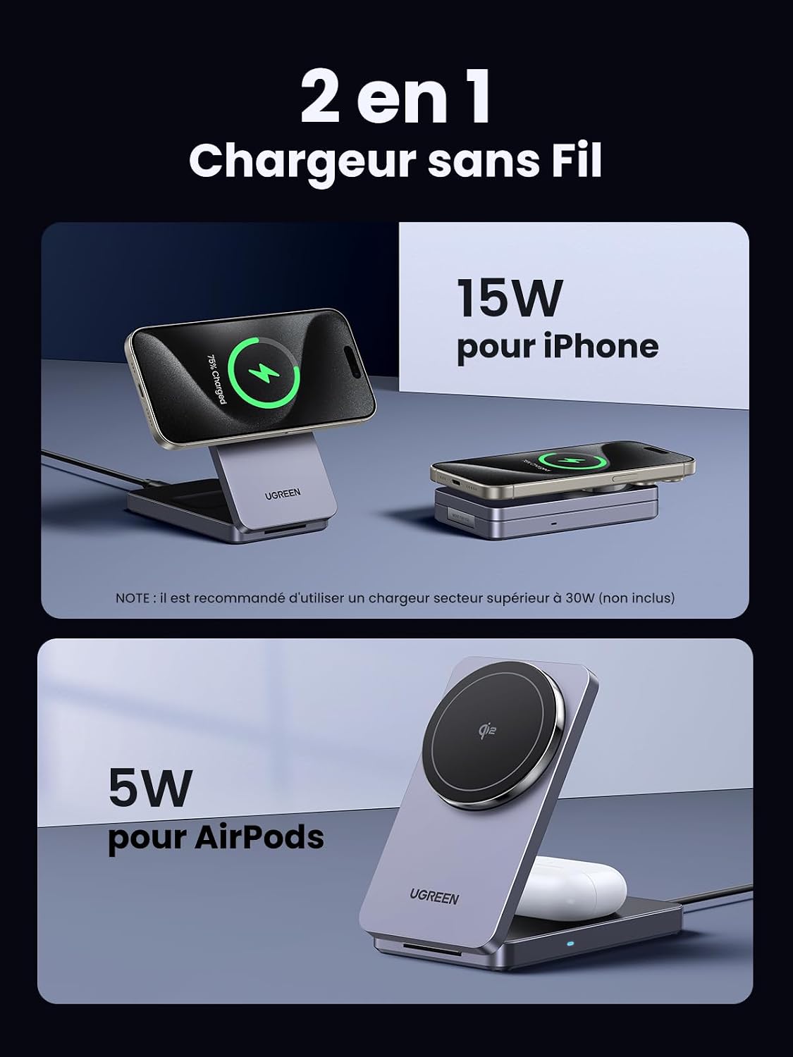Detalle 2 de UGREEN MagFlow Qi2 15 W chargeur sans fil