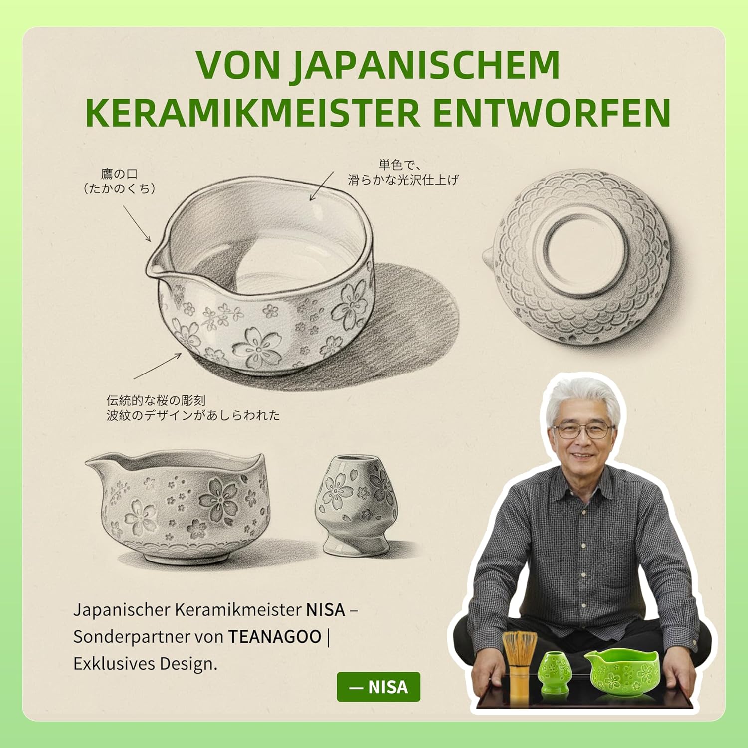 Detalle de TEANAGOO 7-teiliges Matcha-Set Grün – Keramik-Chawan, Ausgießer & Bambus-Zubehör