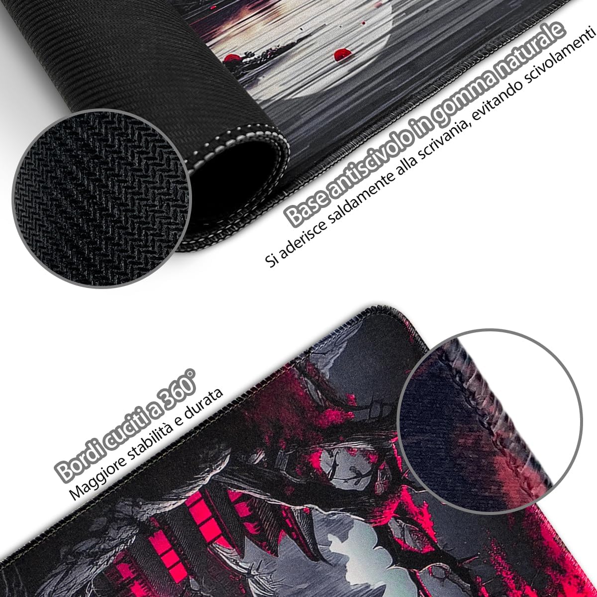 Detalle de Zindoo Tappetino Mouse XXL 900x400x3mm – Tappetino Gaming con stile Anime Nero Giapponese, base antiscivolo