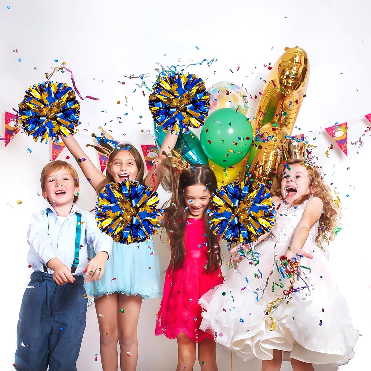 Detalle de CREATIEE-PRO Cheer Pom Poms, 4-Piece Metallic Blue and Gold Set