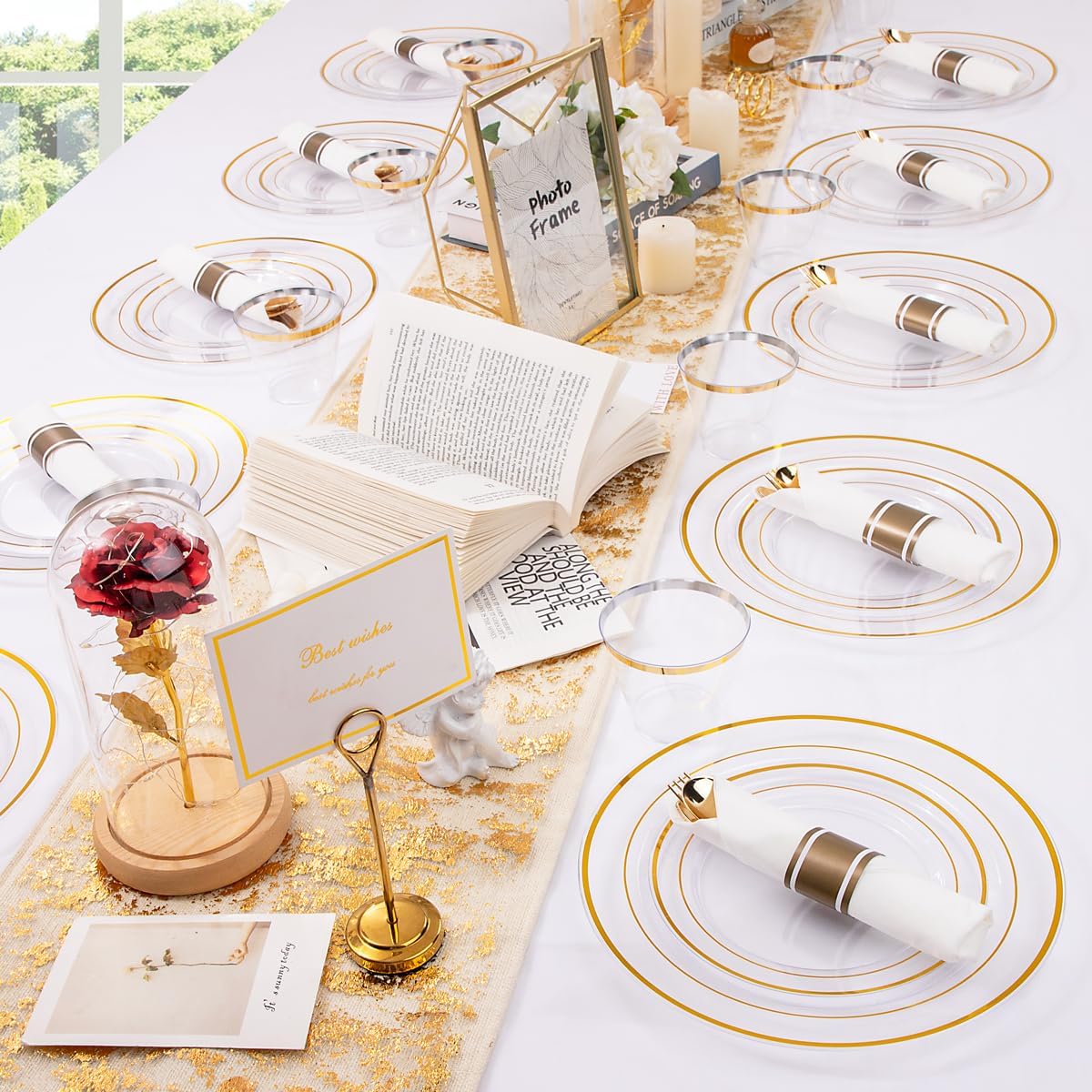 Thumbnail 5 de DaYammi 350-Piece Clear Gold Plastic Dinnerware Set for 50 Guests