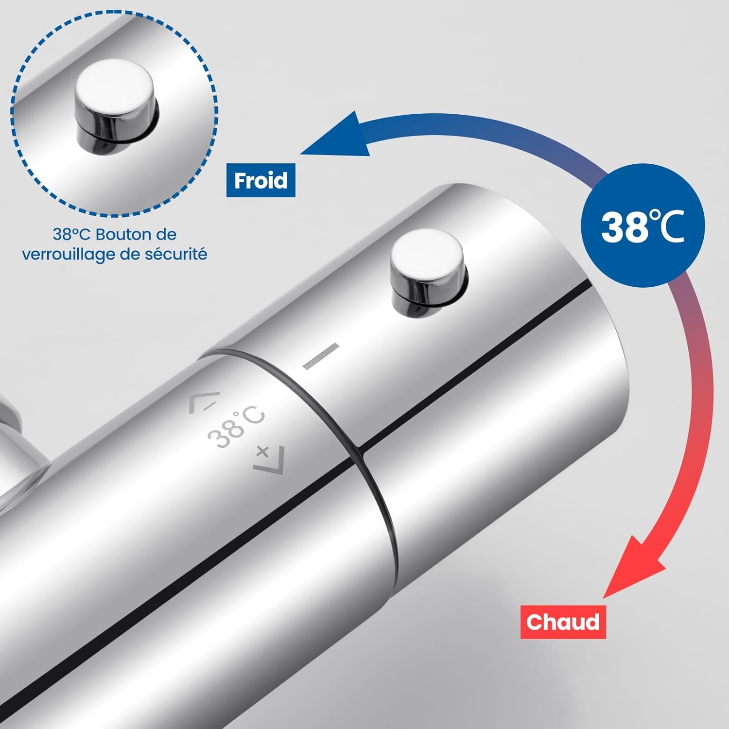 Thumbnail 4 de Auralum Mitigeur Douche Thermostatique – Robinet de Douche Murale en Alliage Chromé, sécurité 38°C
