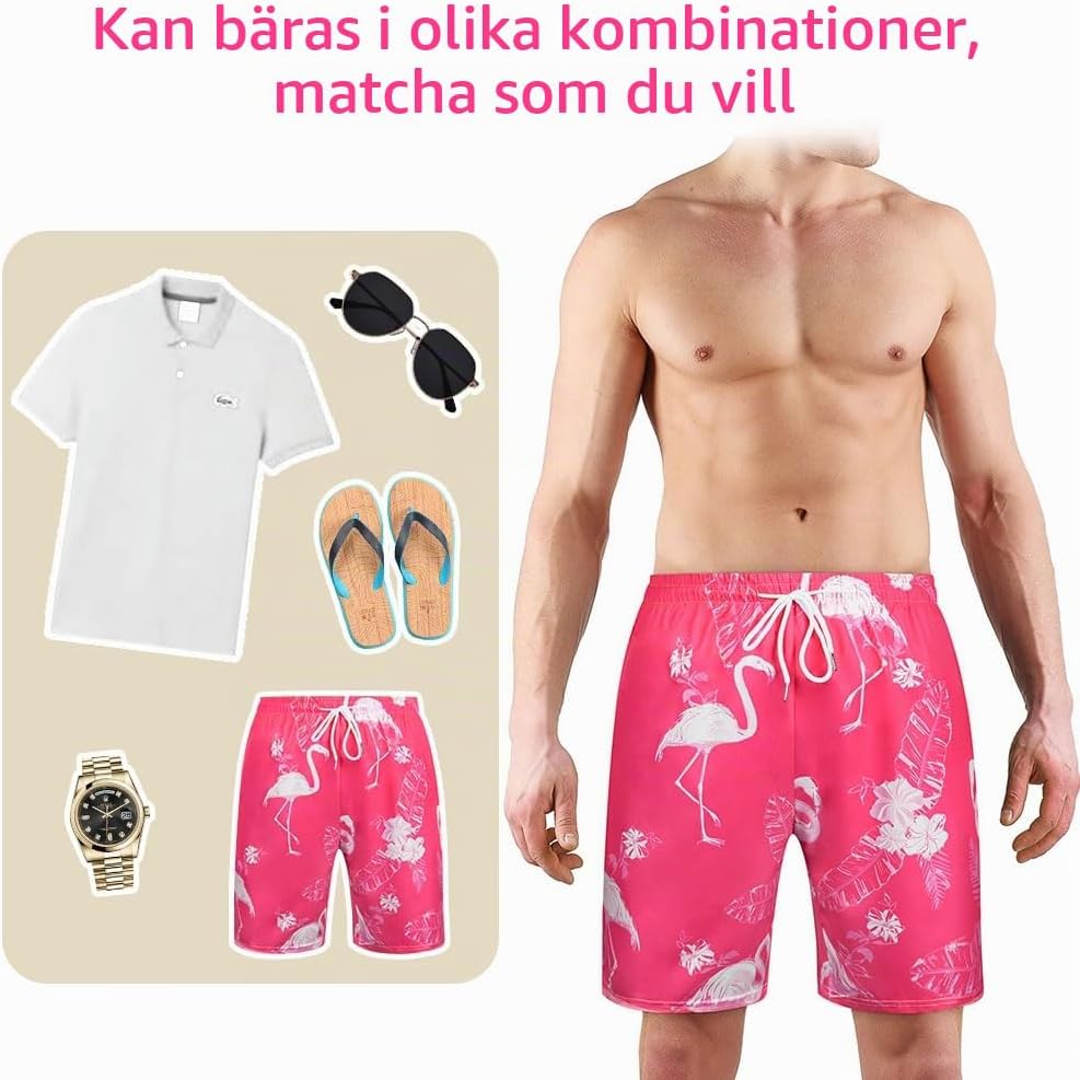 Detalle 2 de AOMIG hawaiianska herrshorts i polyester med fickor och justerbar dragsko