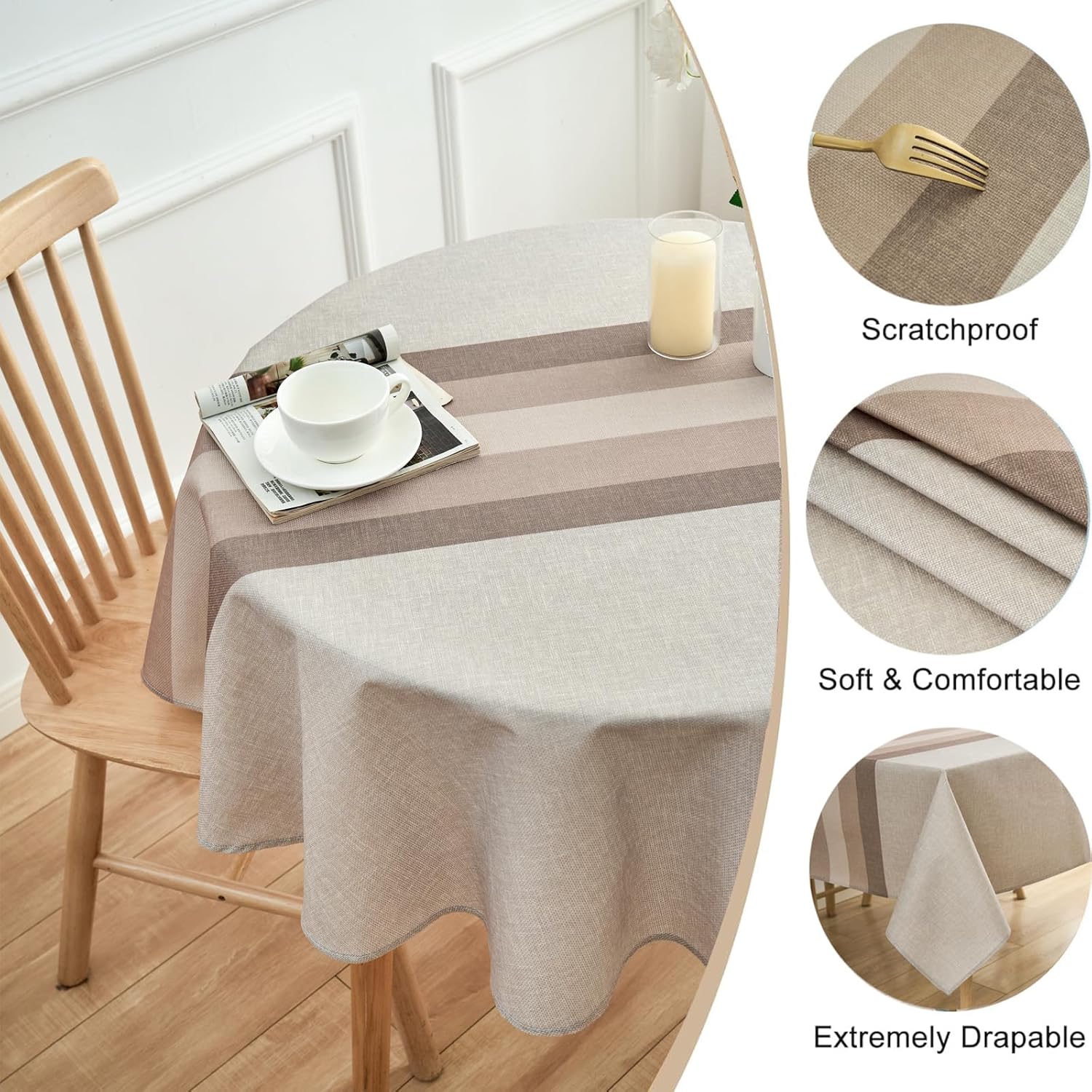 Detalle de Arwllzz Beige Round Table Cloth 140x140cm – Washable, Dust-Proof, Faux Linen with Stripe Runner