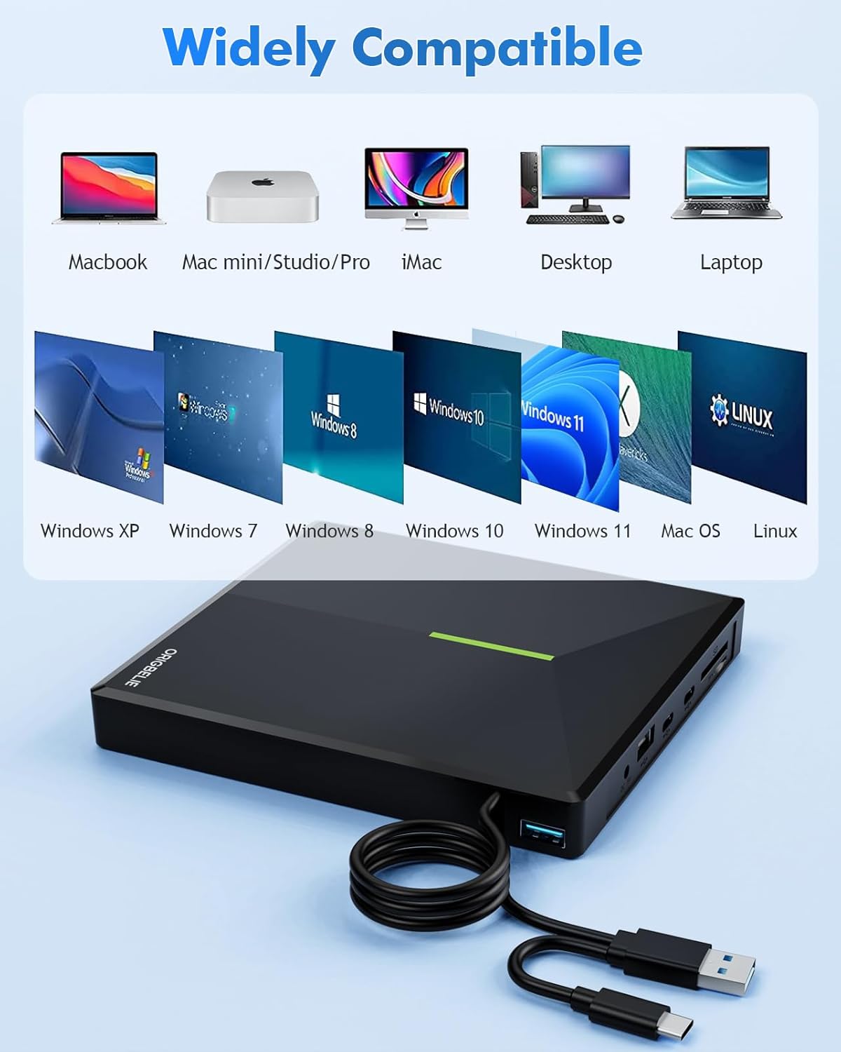 Thumbnail 4 de ORIGBELIE Externes CD/DVD-Laufwerk mit USB 3.0 Hub, 4 USB-Anschlüssen und 2 TF/SD-Kartensteckplätzen