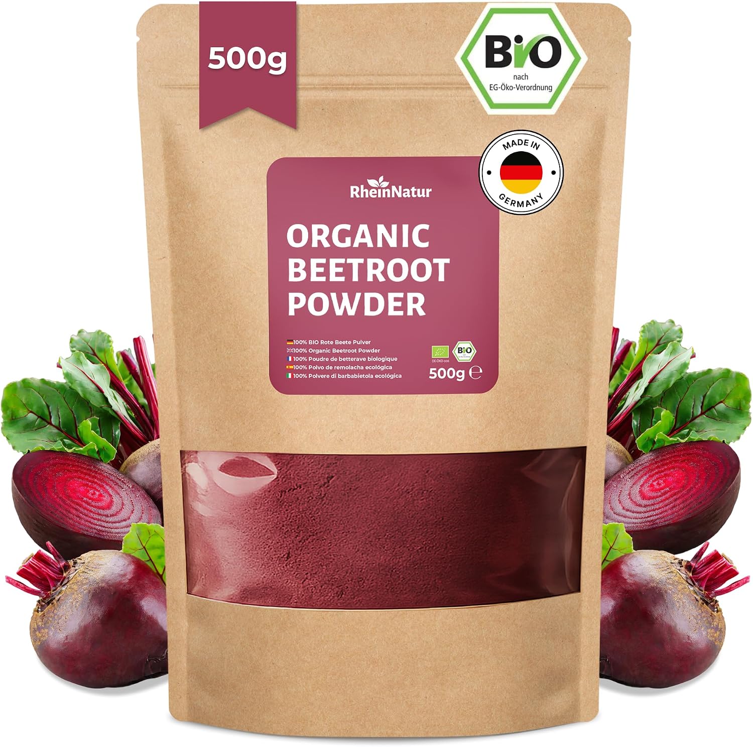 Detalle de RheinNatur biologisch bietenpoeder 500 g, vegan en fijn gemalen