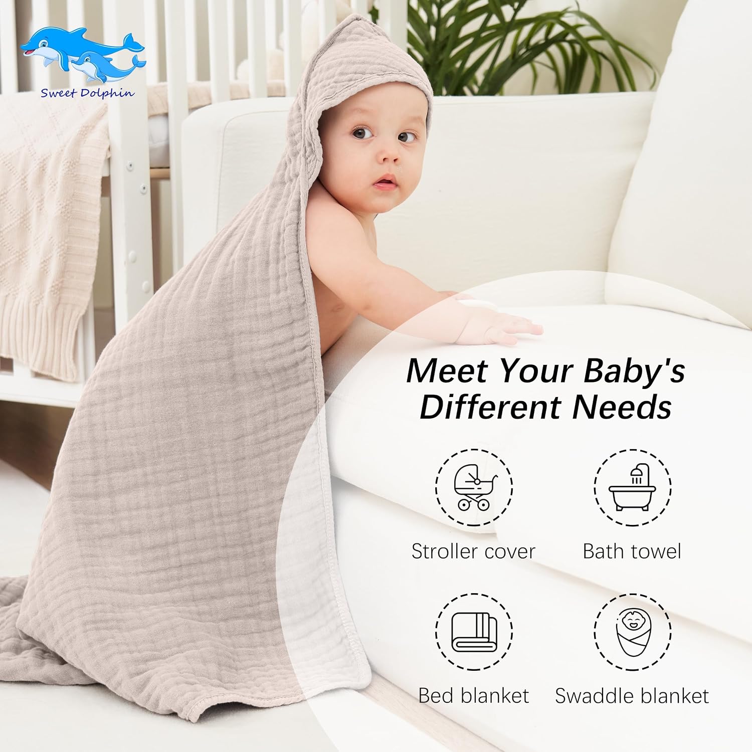 Detalle de SWEET DOLPHIN Hooded Baby Bath Towels, 32 x 32 Inches