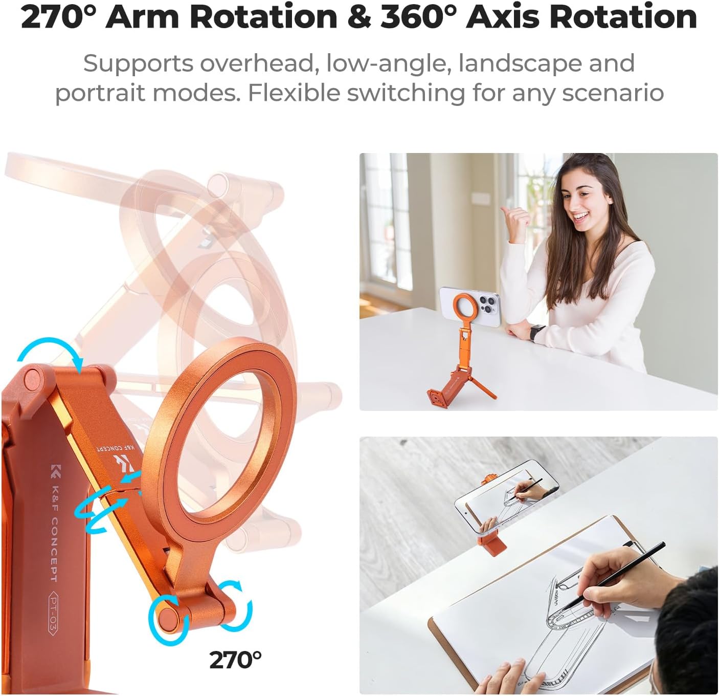 Detalle de K&F CONCEPT Magnetic Phone Tripod, Orange